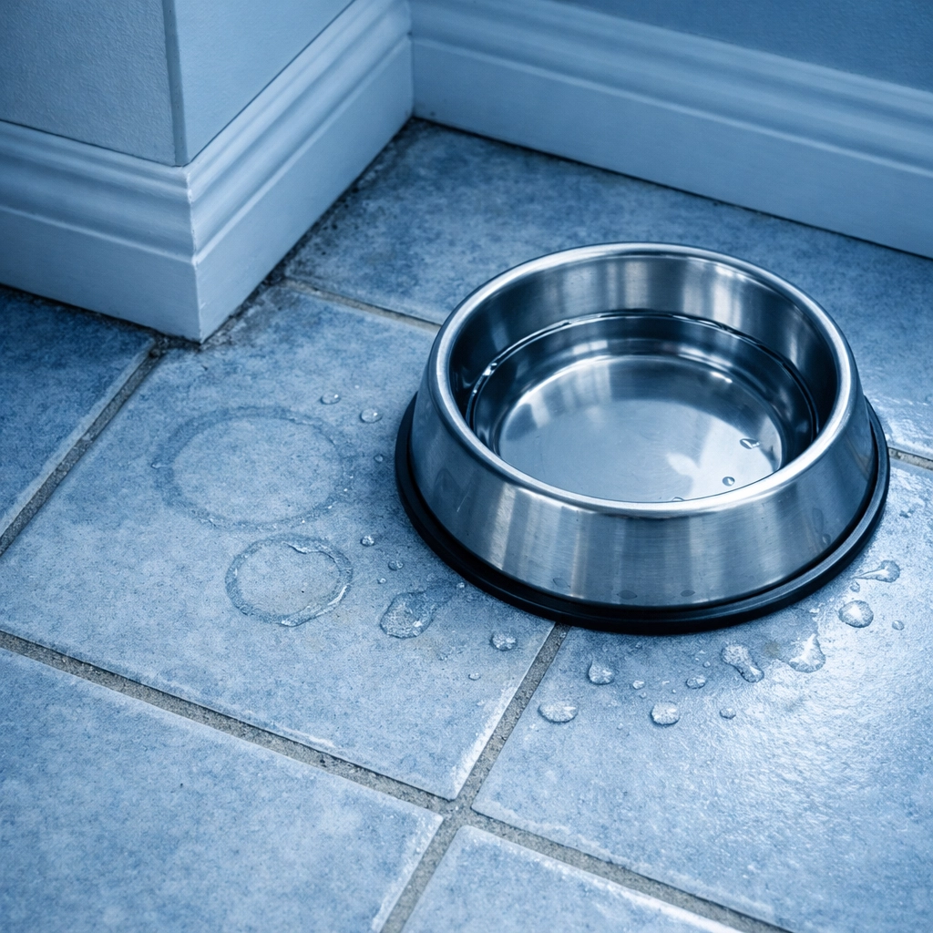 Damp area near pet water bowl showing moisture buildup that can lead to mold growth
