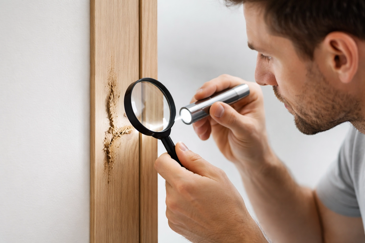 Close-up of a homeowner inspecting a wooden door frame with a magnifying glass, spotting termite mud tubes and early damage.