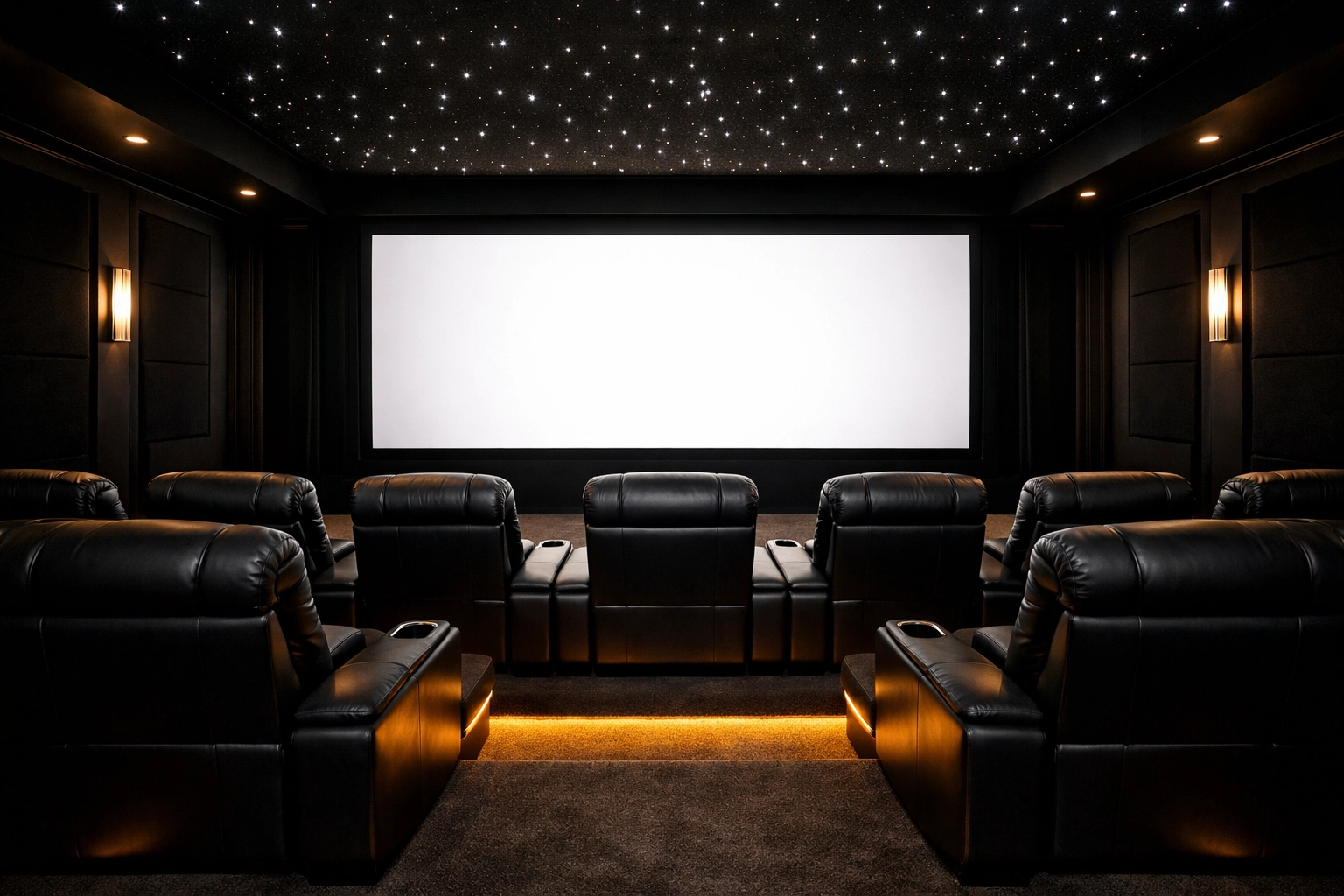 Luxury home cinema with tiered leather theater seating and a starry night fiber-optic ceiling.