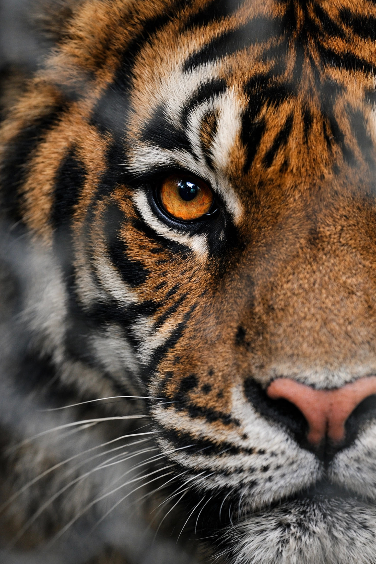 Detailed zoo animal photo focusing on a tiger's eye while blurring background enclosure fences.