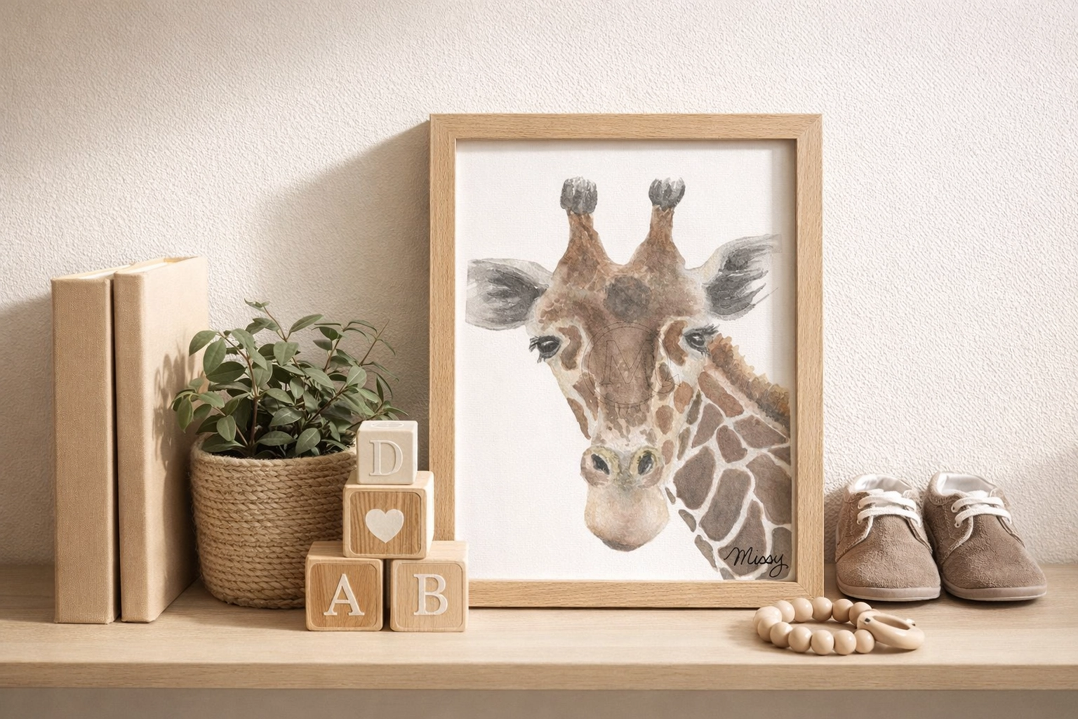 Missy’s Giraffe print on a nursery shelf lifestyle mockup scene