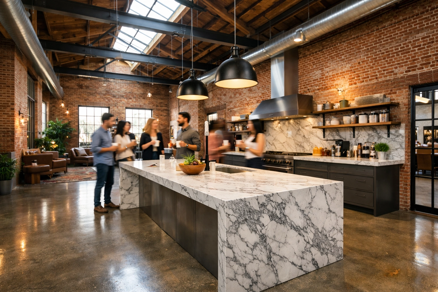 Renovated industrial loft co-living kitchen and lounge area designed for professional remote workers.
