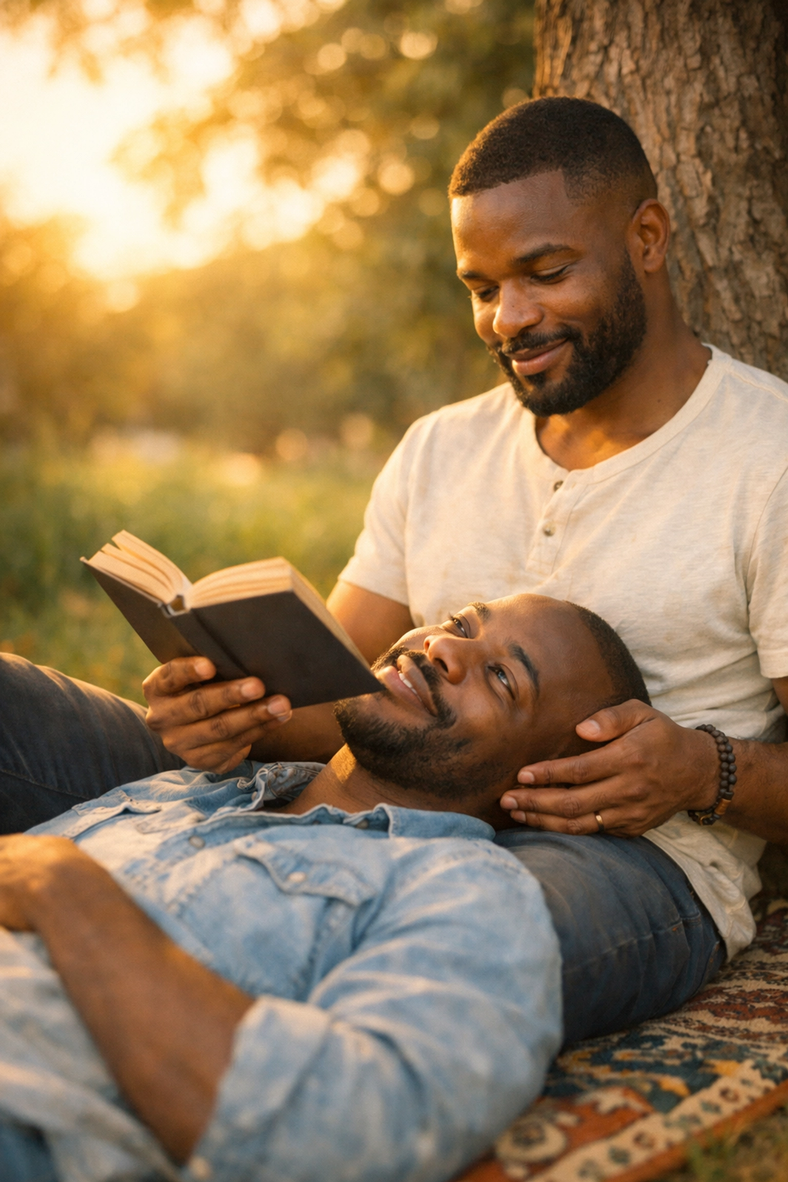 Two Black men sharing a romantic moment reading together, representing queer joy and the power of gay love stories.