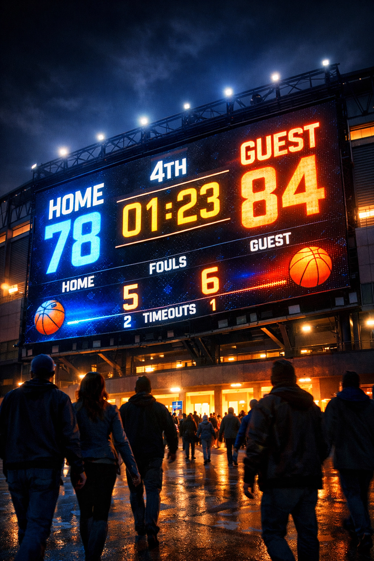 Digital billboard displaying live basketball scores and countdown timer outside stadium at night