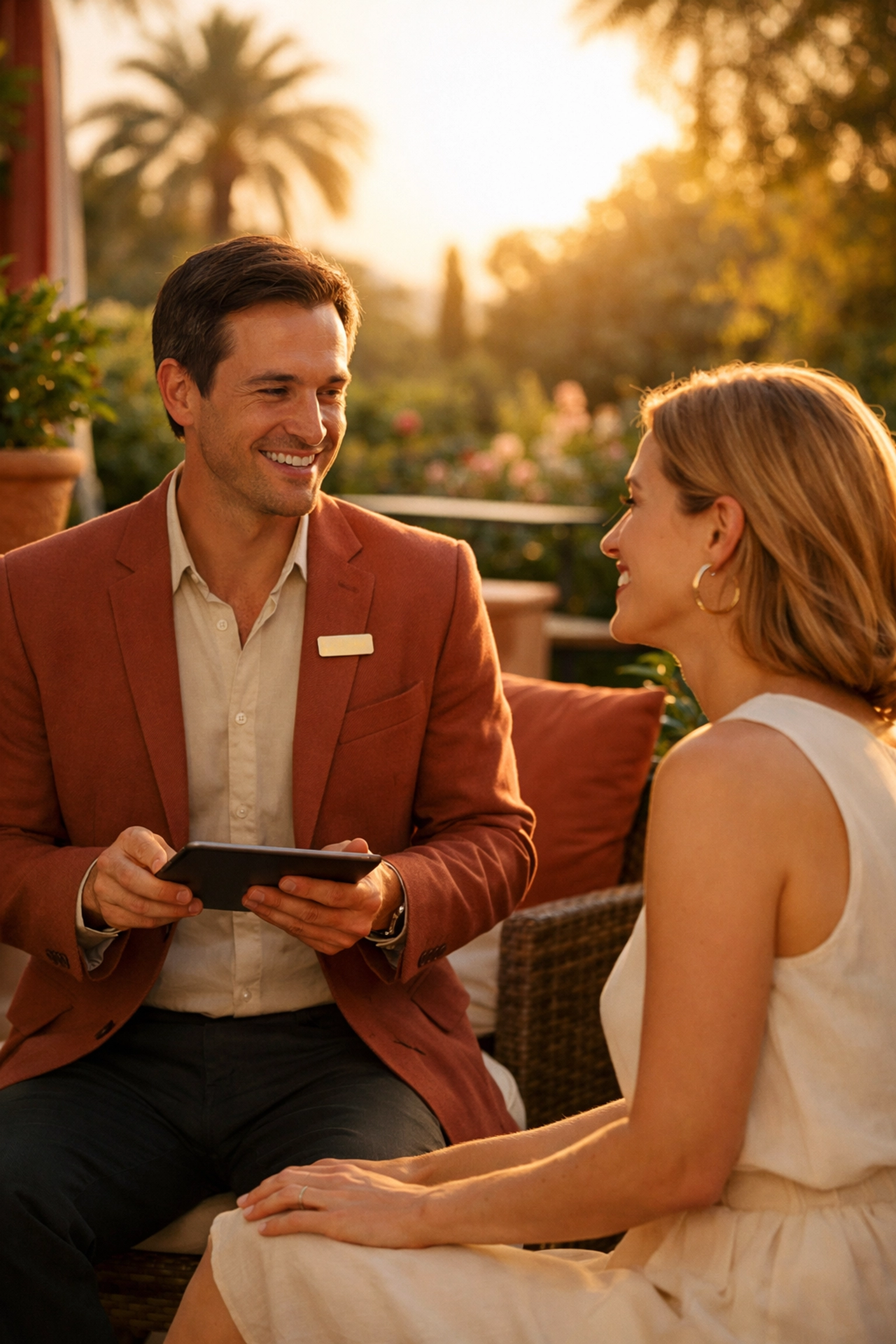 Hotel staff using a mobile PMS tablet to provide personalized guest service on a terrace.