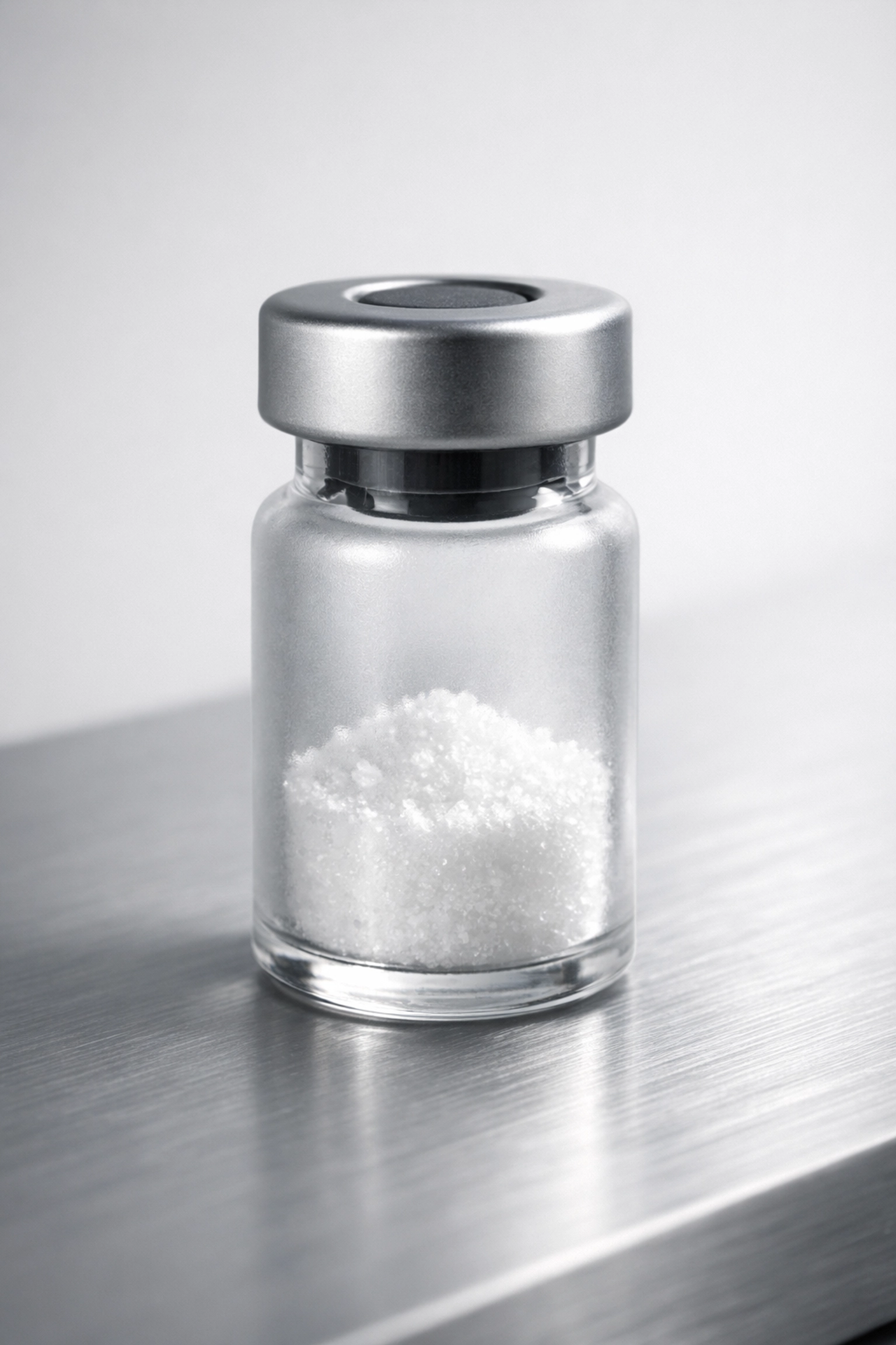 Frosted glass vial with lyophilized peptide powder for precise mg to mcg research dosing.