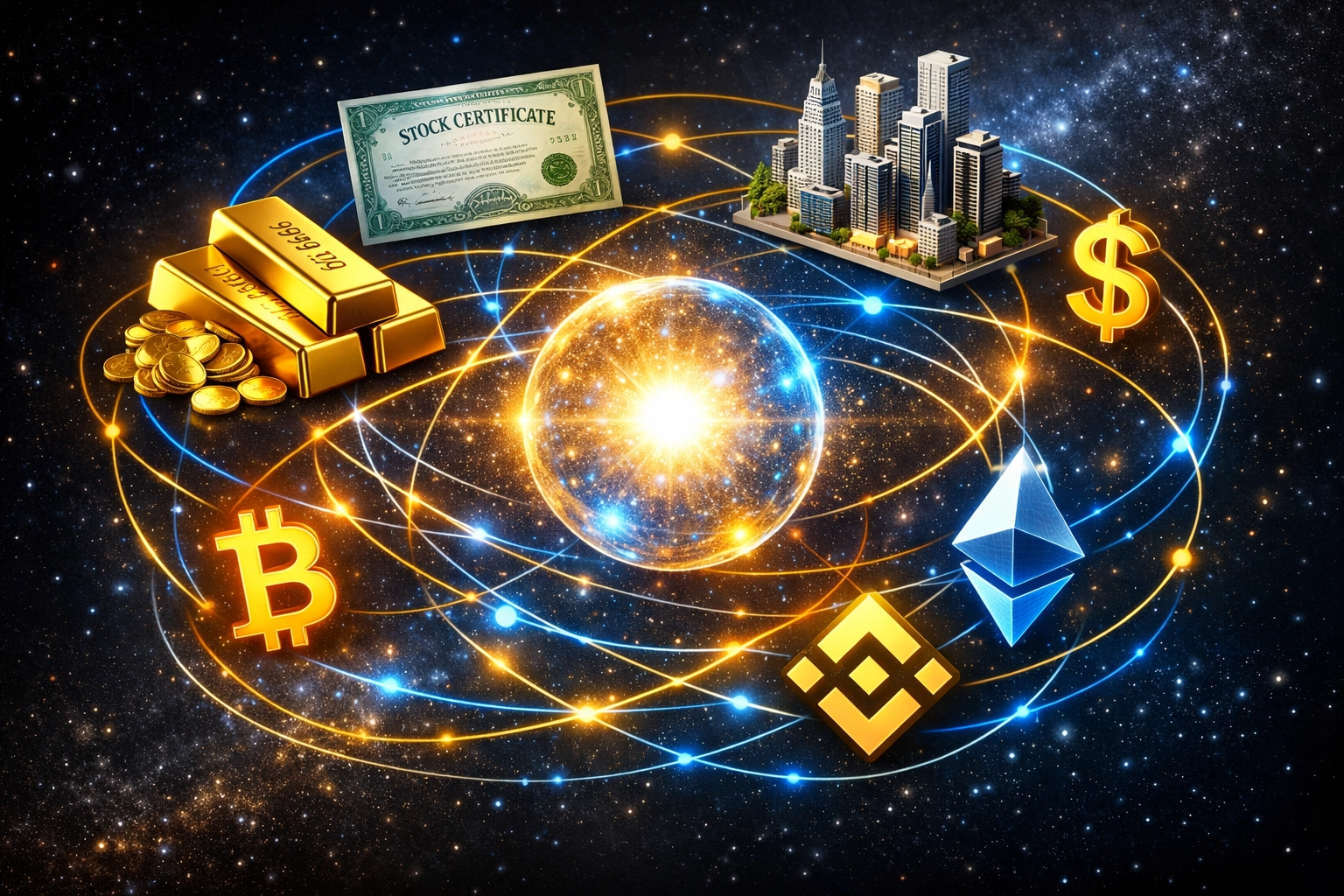 Interconnected ecosystem of traditional and digital assets in a diversified investment portfolio