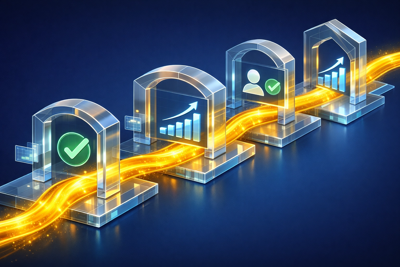 Digital pathway with holographic gates representing a conversion-focused lead generation website.