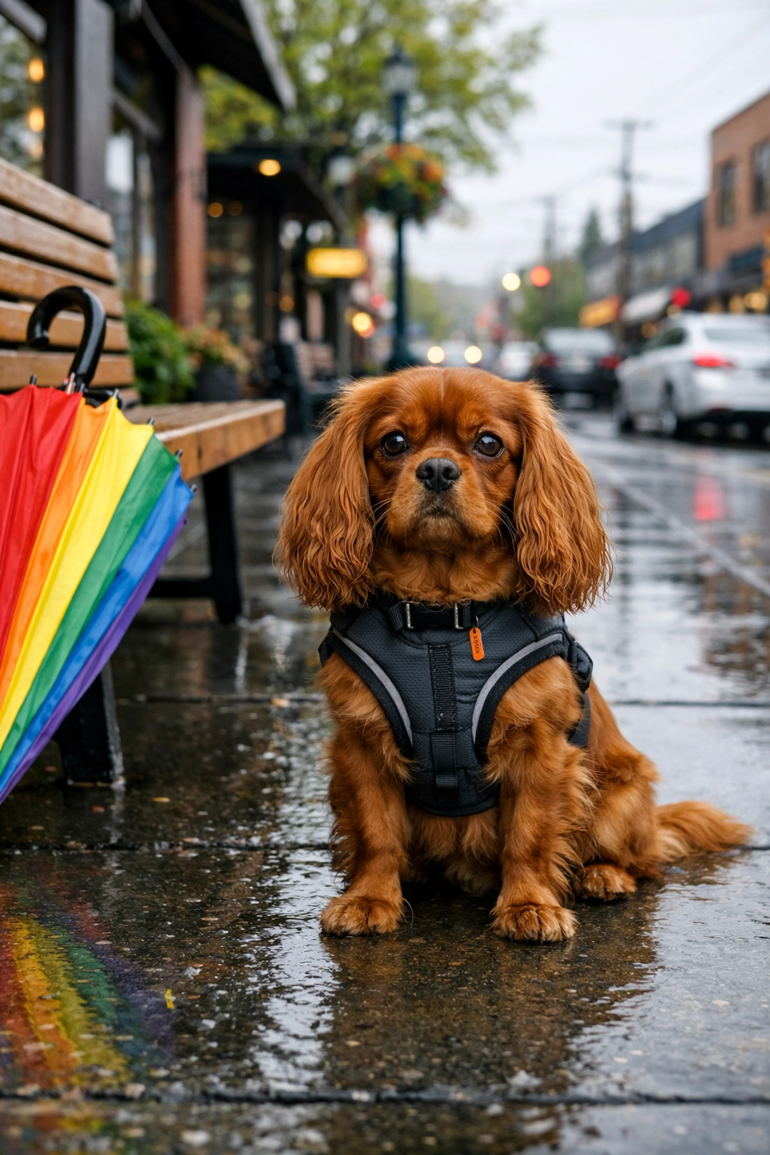 Health-tested Cavalier King Charles Spaniel in Portland OR sitting calmly on a city sidewalk in the rain.