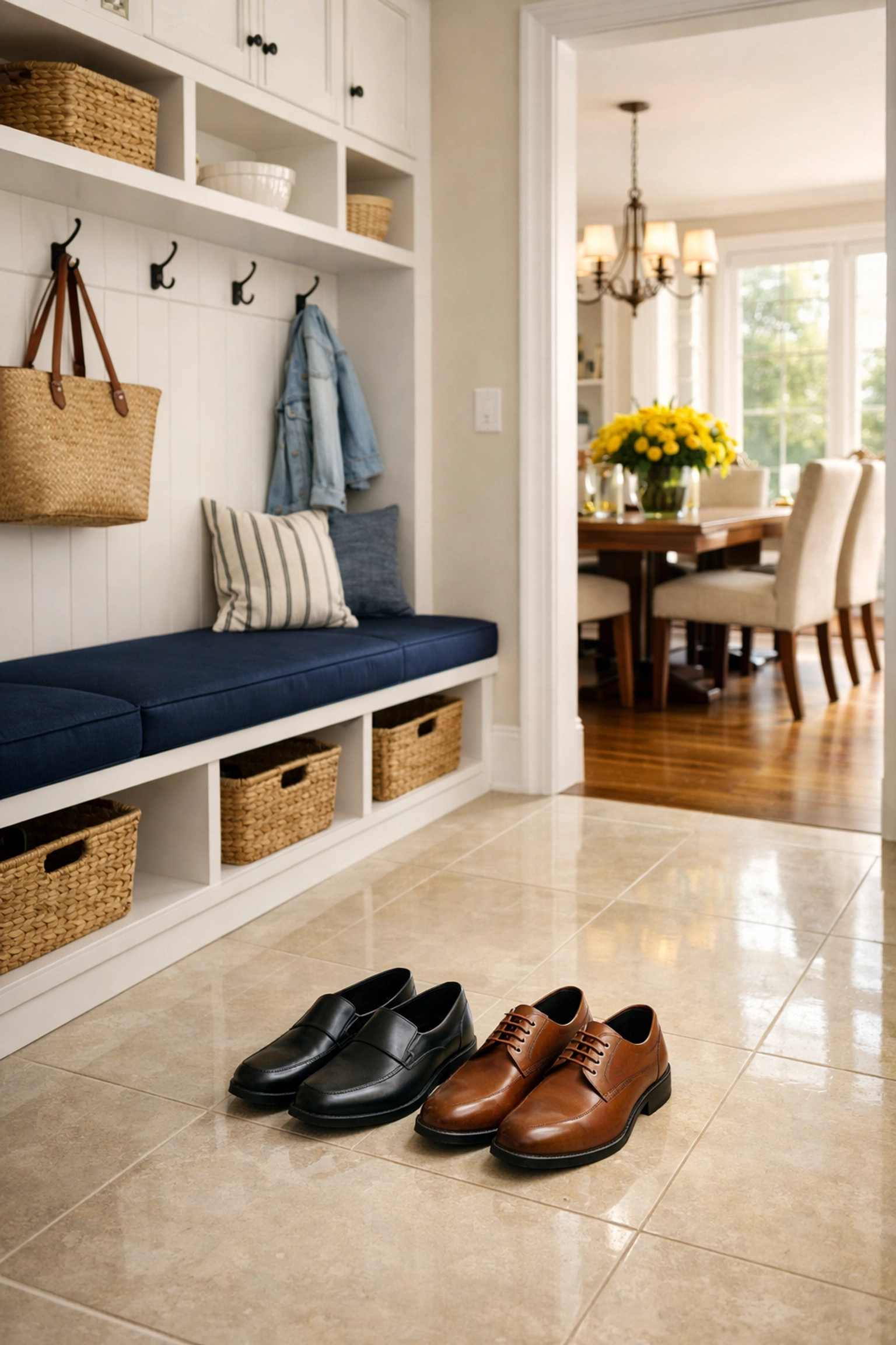 A bright and spotless entryway in a Massachusetts home following a professional residential cleaning service.