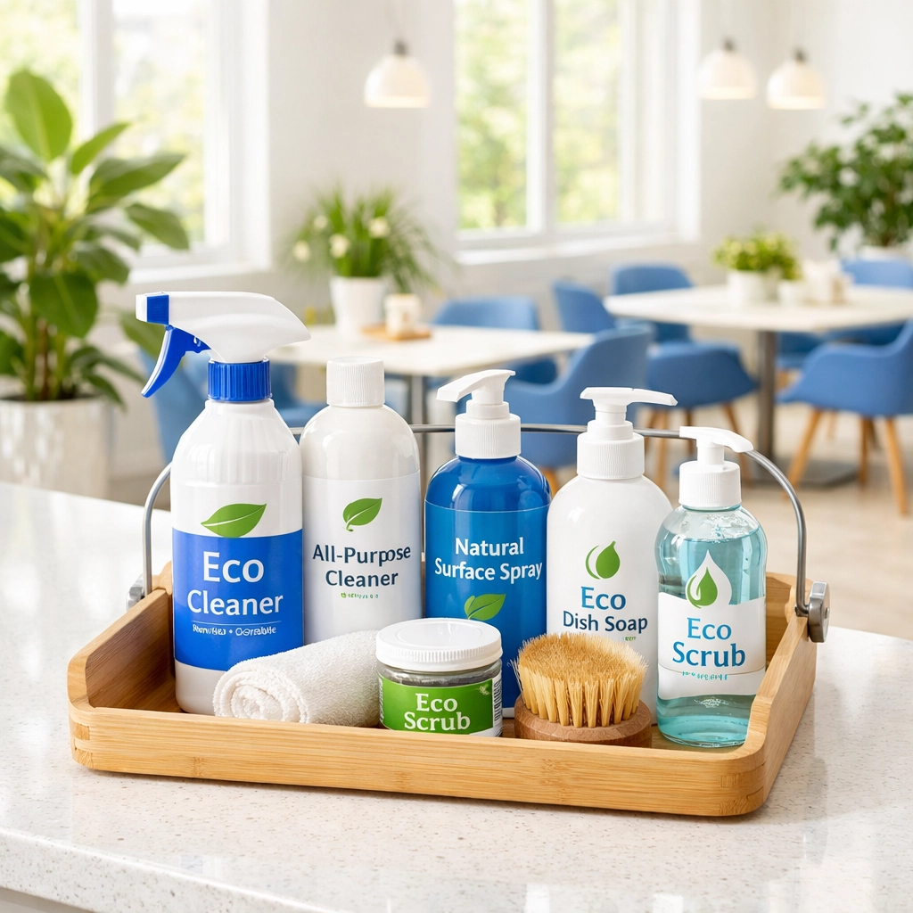 Eco-friendly cleaning supplies on a quartz counter in a clean, sunlit office breakroom.