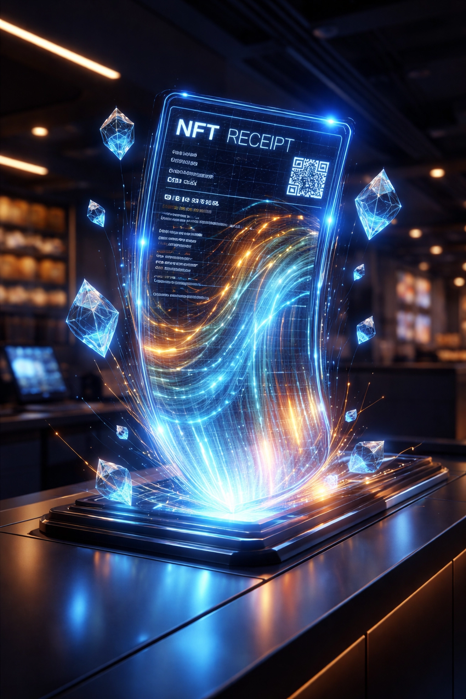 Glowing holographic NFT receipt above a retail counter illustrating secure blockchain payment verification