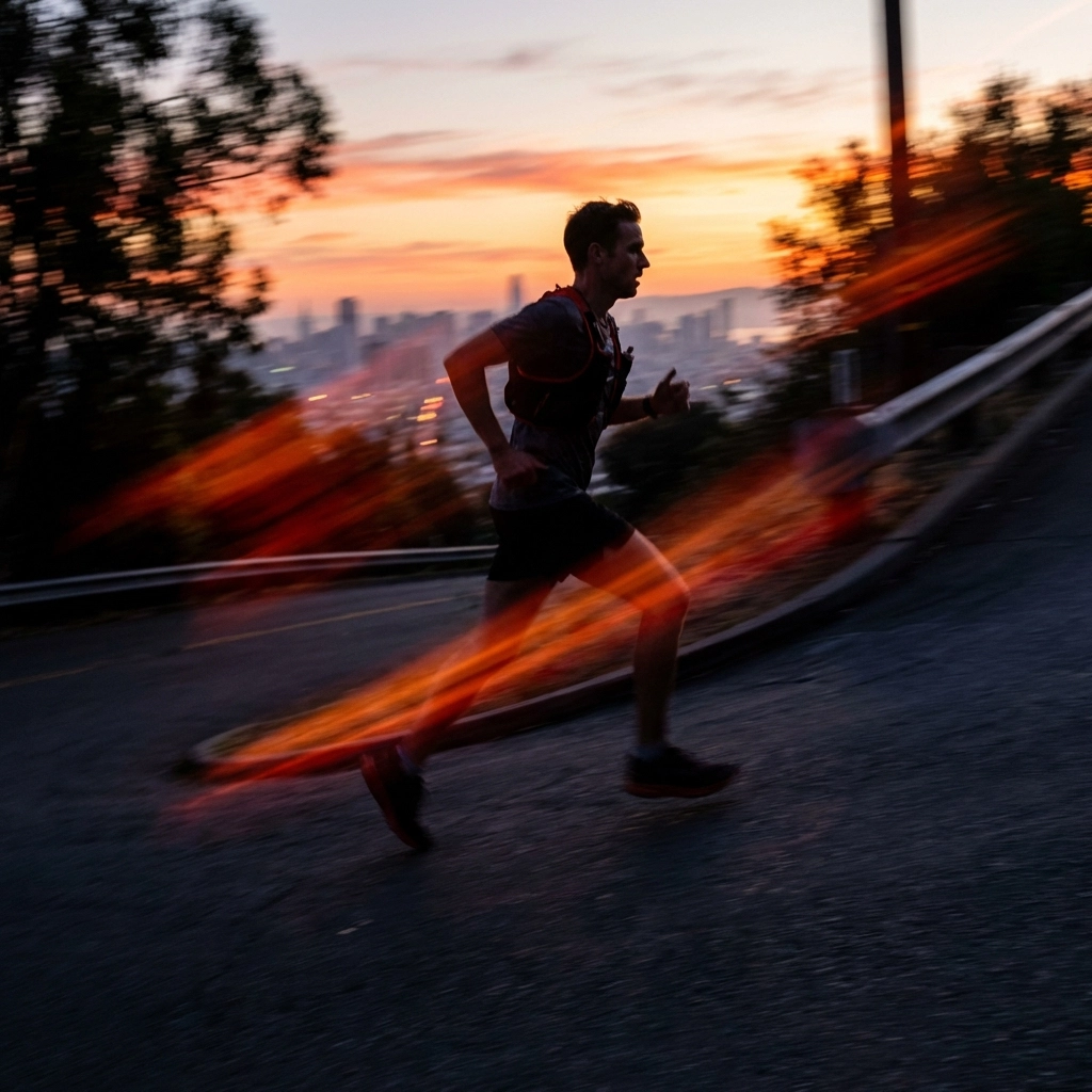 Athlete climbing a steep hill at sunset, demonstrating moderate intensity for pyramidal training approach