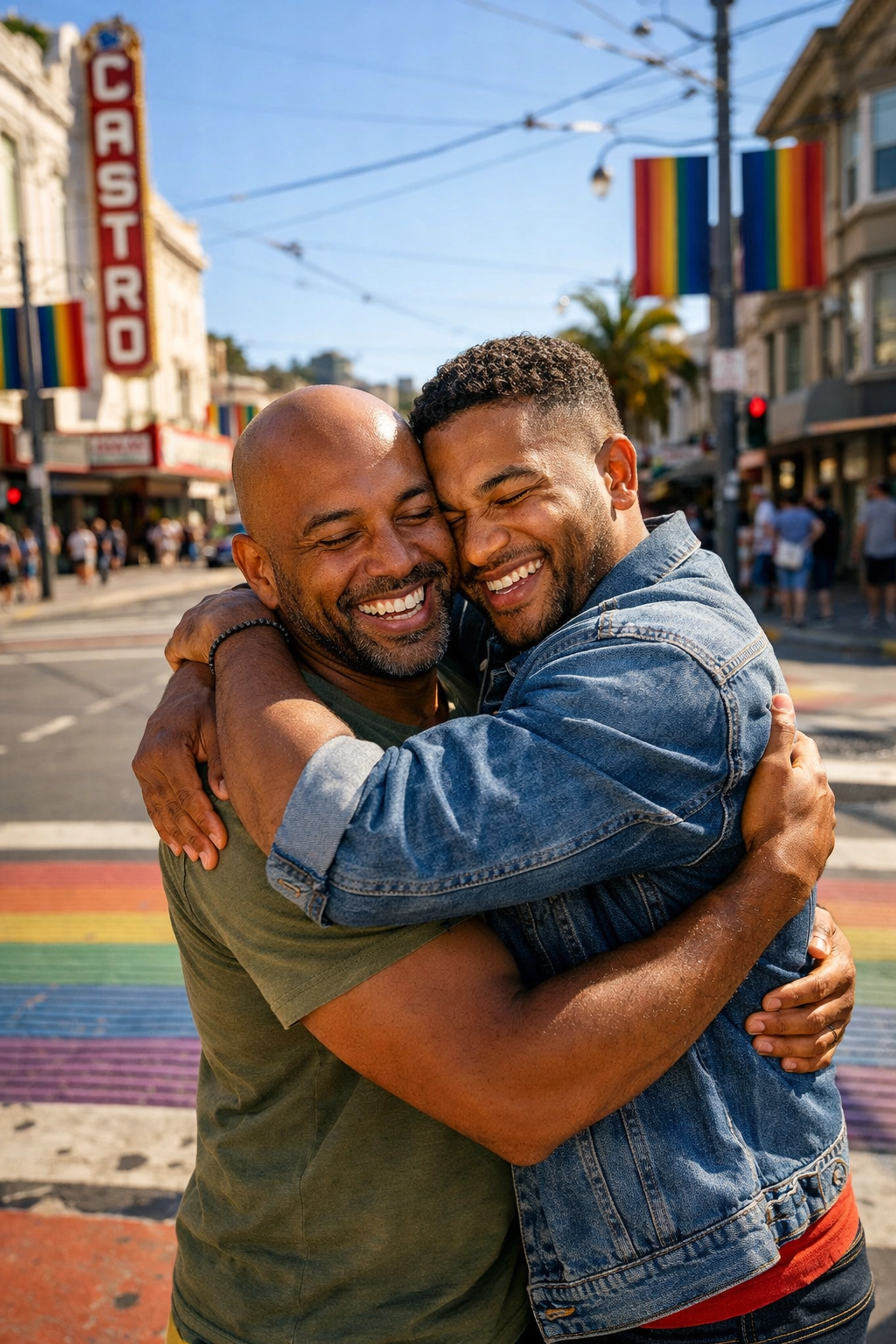 Caribbean gay refugees embracing at San Francisco Castro District rainbow crosswalk
