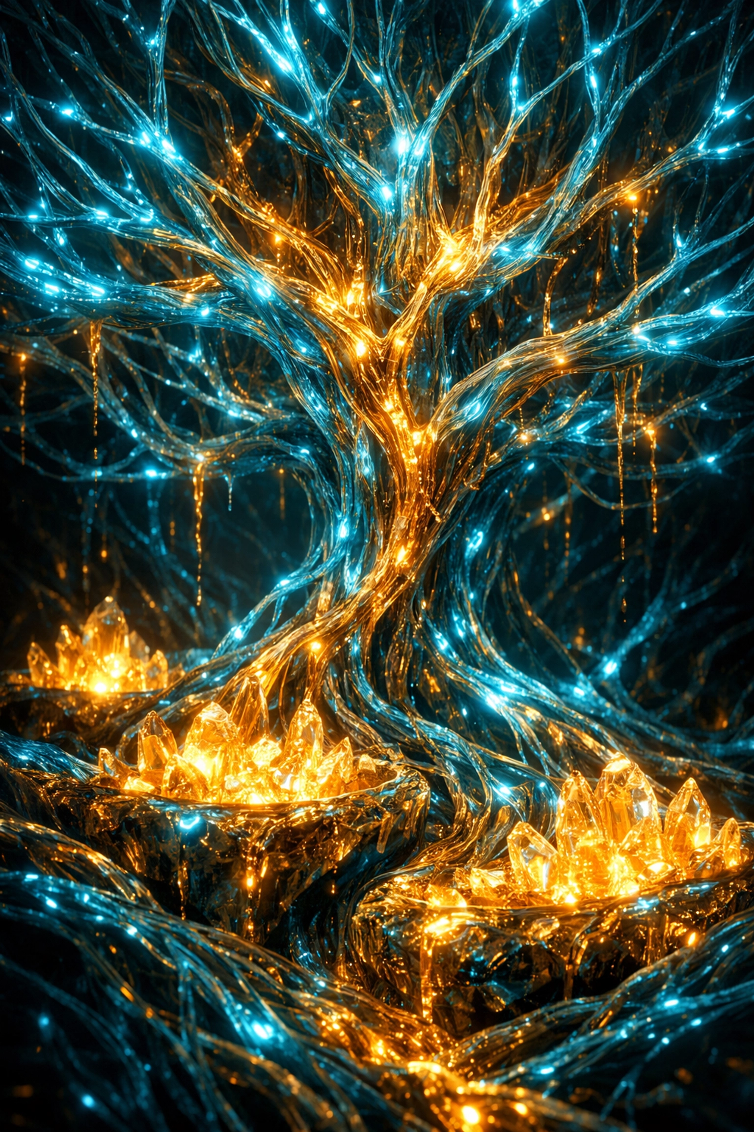 Neural network pulsing with gold energy, representing nervous system regulation for wealth and money mindset.