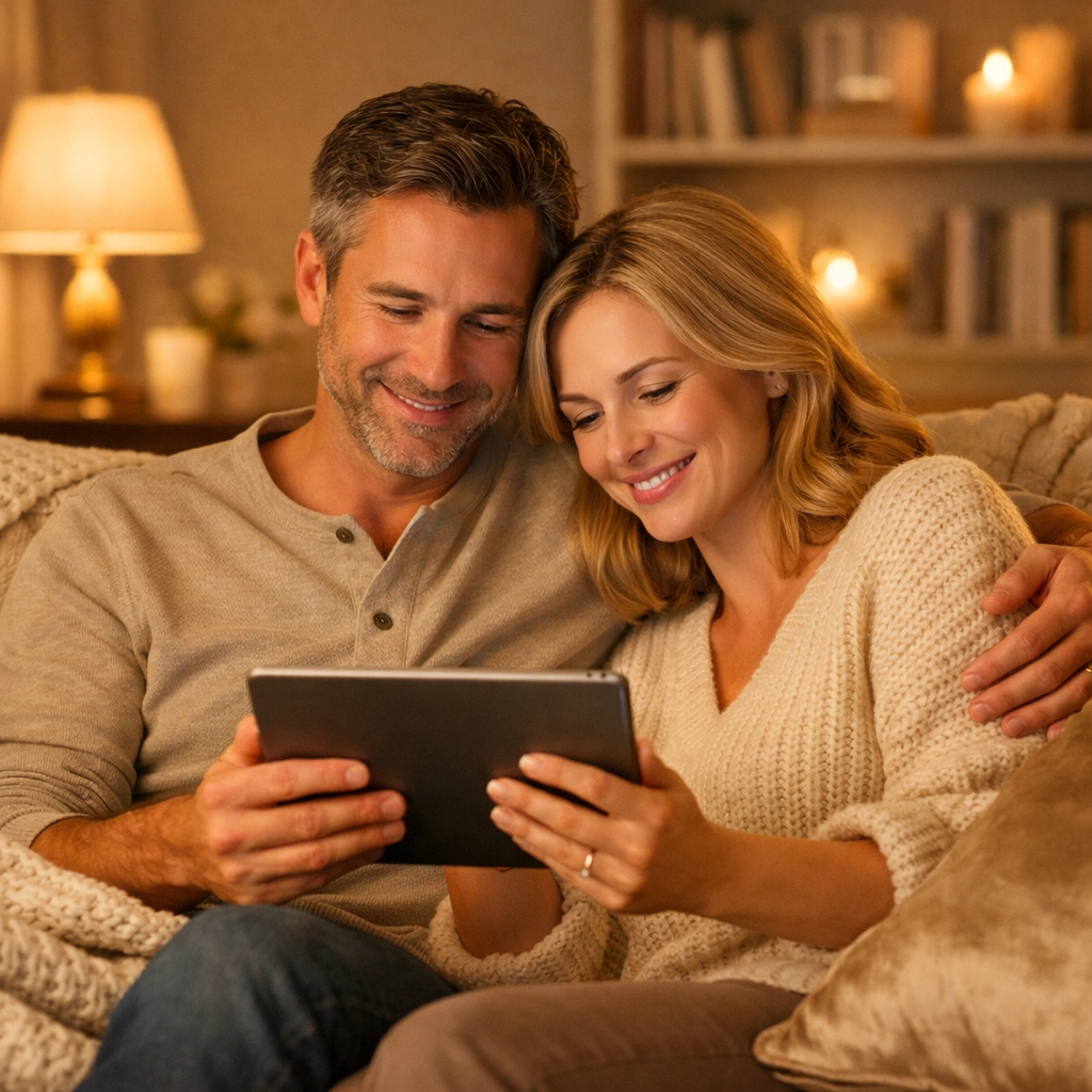 Couple relaxing on a sofa after securing a better mortgage rate with a Woking advisor.