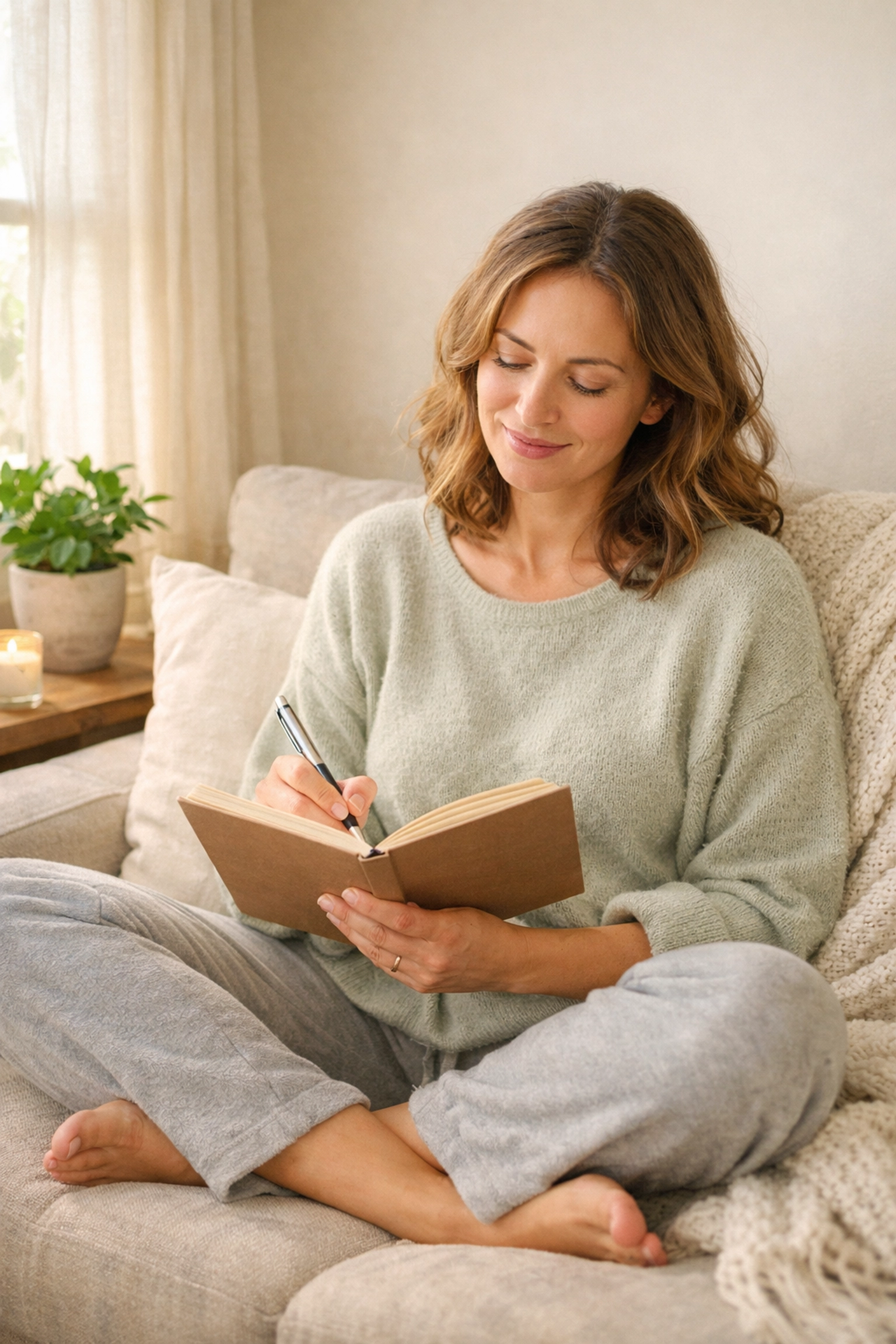 Woman journaling and reflecting as part of perimenopause anxiety recovery journey