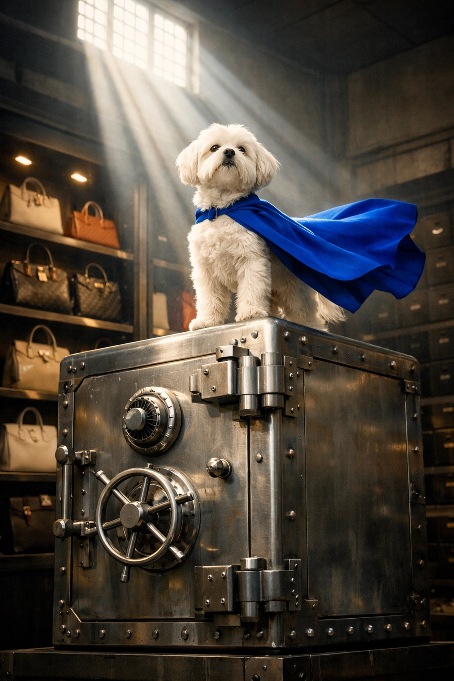 Expert mascot standing on a vault guarding authenticated handbags for a secure luxury resale business.