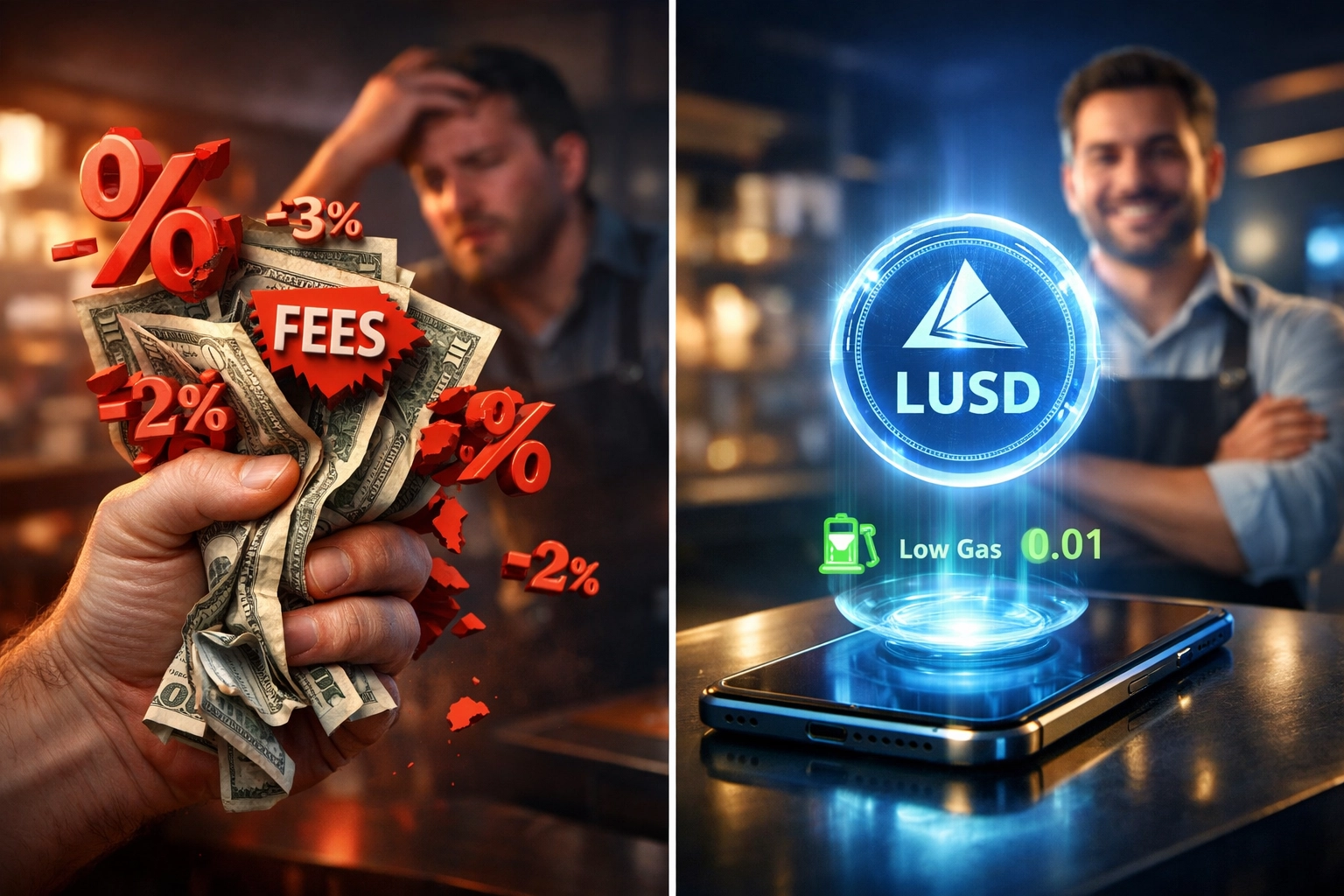 Comparison of traditional payment fees versus LUSD stablecoin gas-only transfer savings