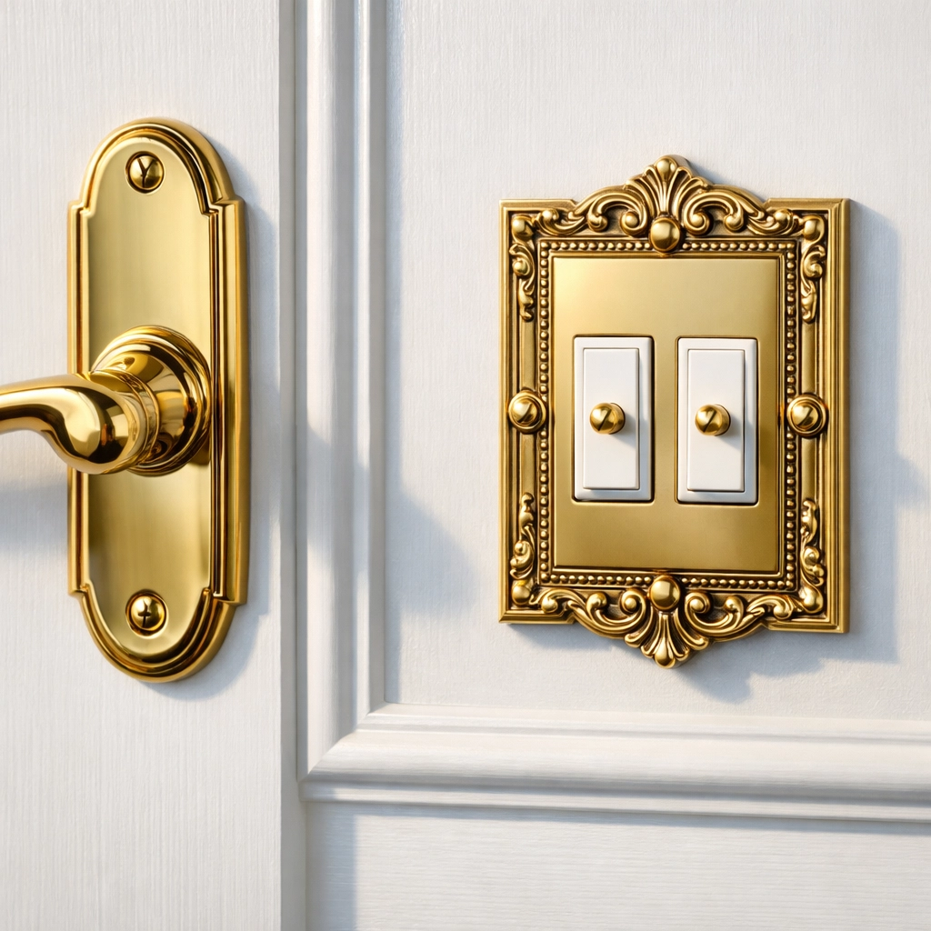 Sanitized brass door handle and light switch in a home receiving Marblehead luxury house cleaning.