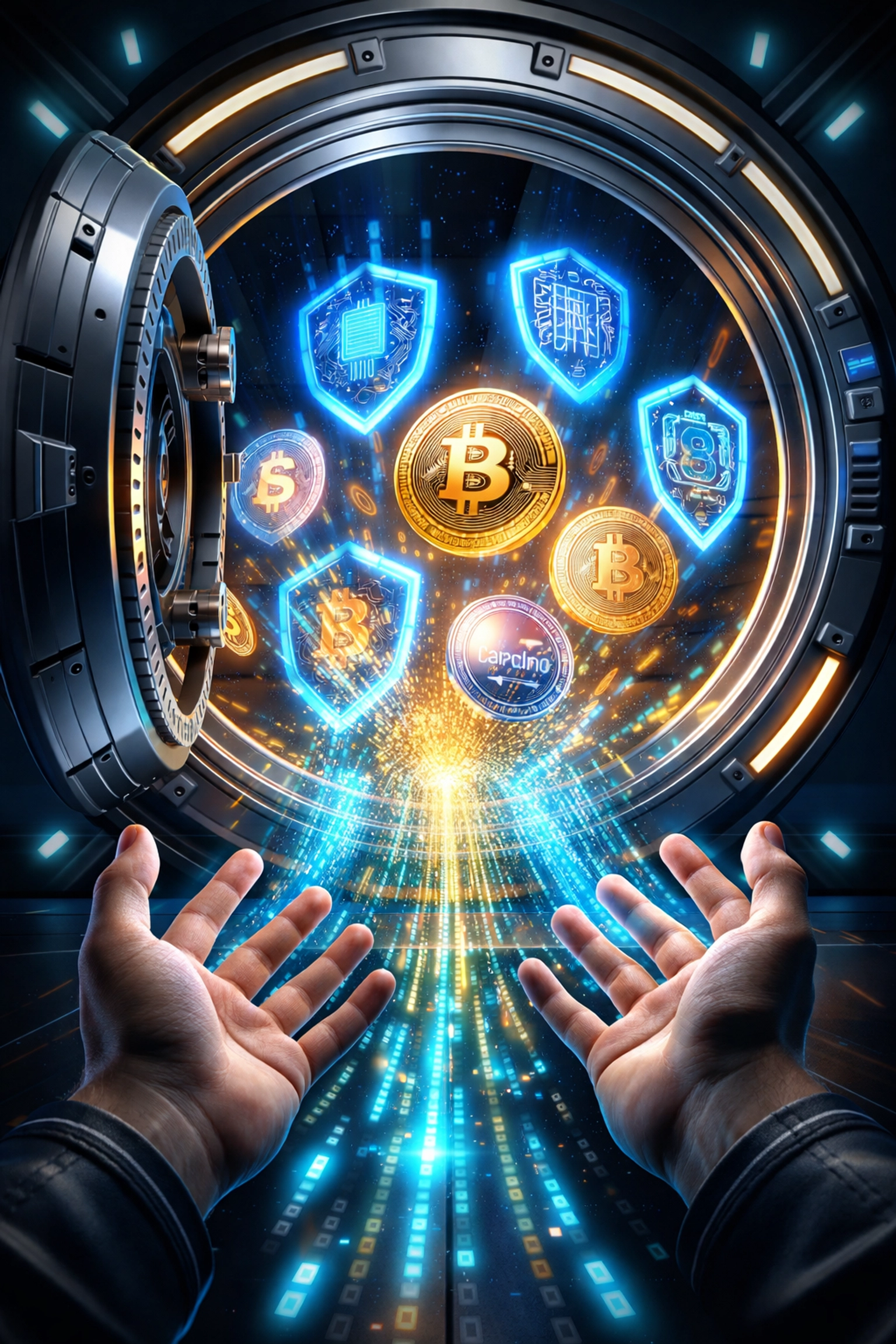 A digital vault opens revealing glowing cryptocurrency coins, symbolizing self-custody and secure merchant crypto payments.