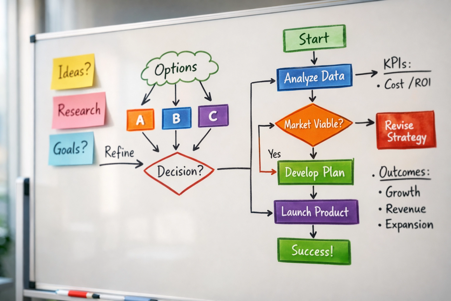 Whiteboard showing progression from vague requirements to structured business logic clarity