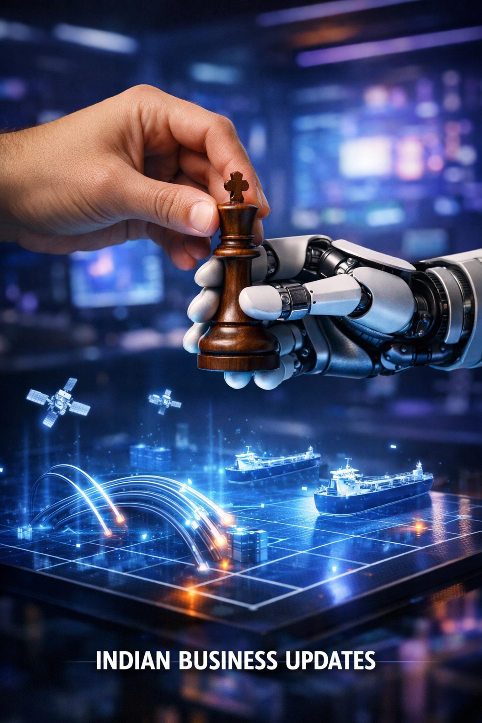 Human and robotic hands moving a chess piece over a digital trade map for strategic Indian business updates.