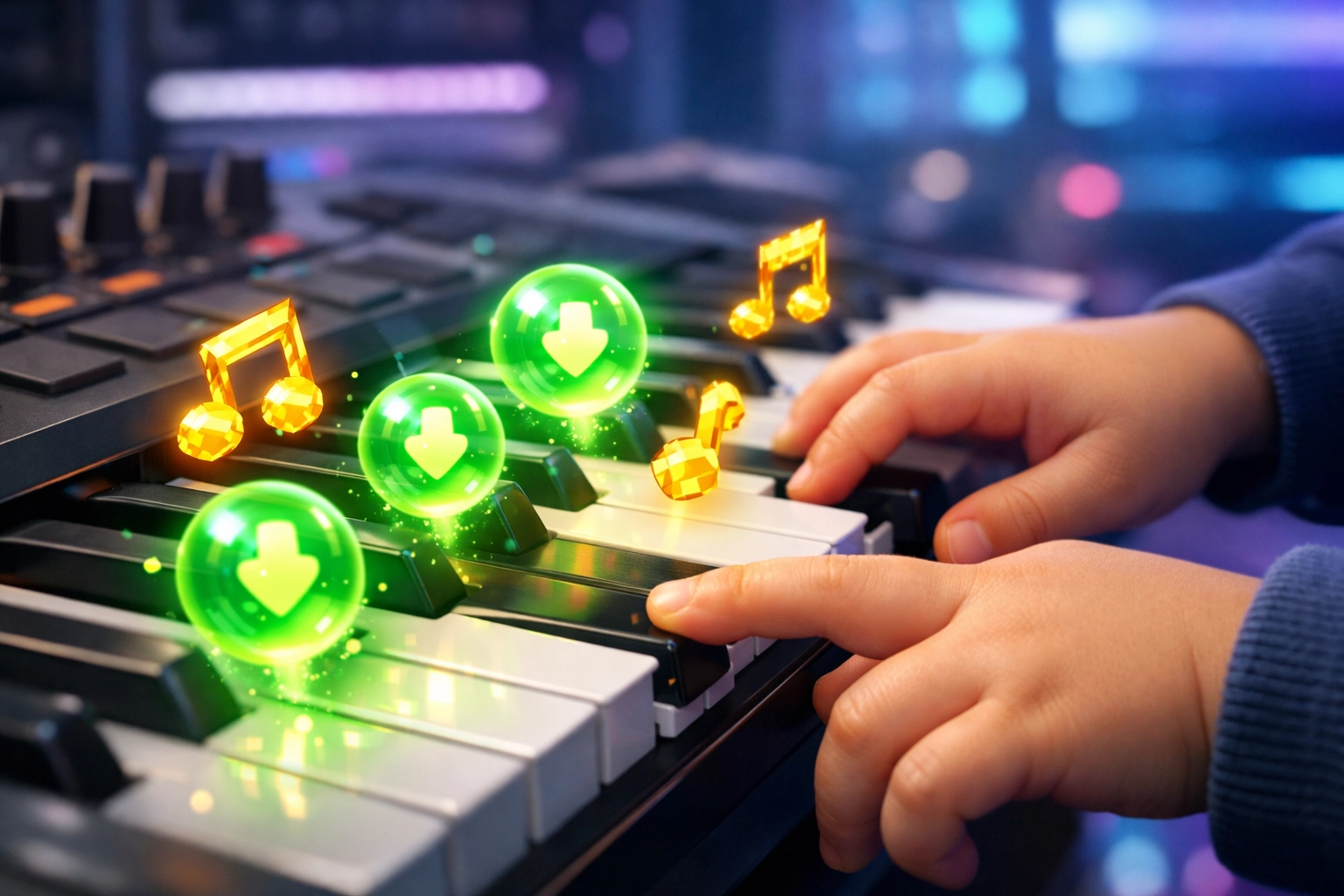 Child's hands playing a MIDI keyboard with glowing video game notes for gamified piano lessons.