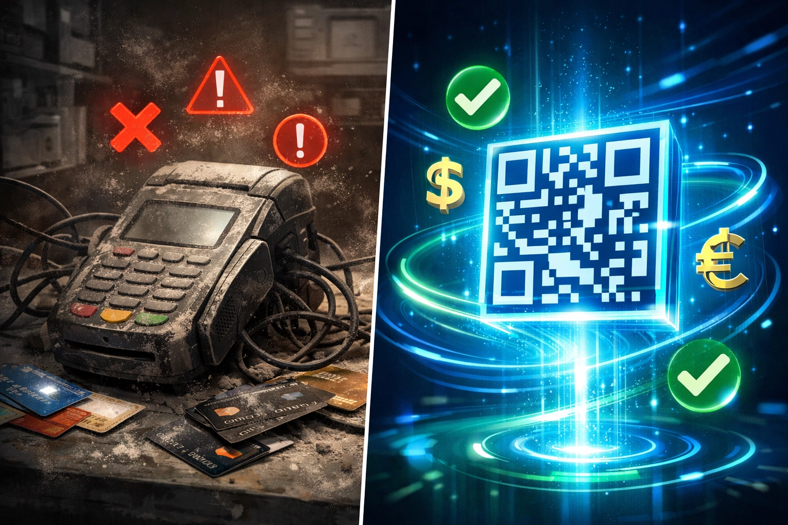 Traditional payment terminal versus modern crypto QR code payment system comparison