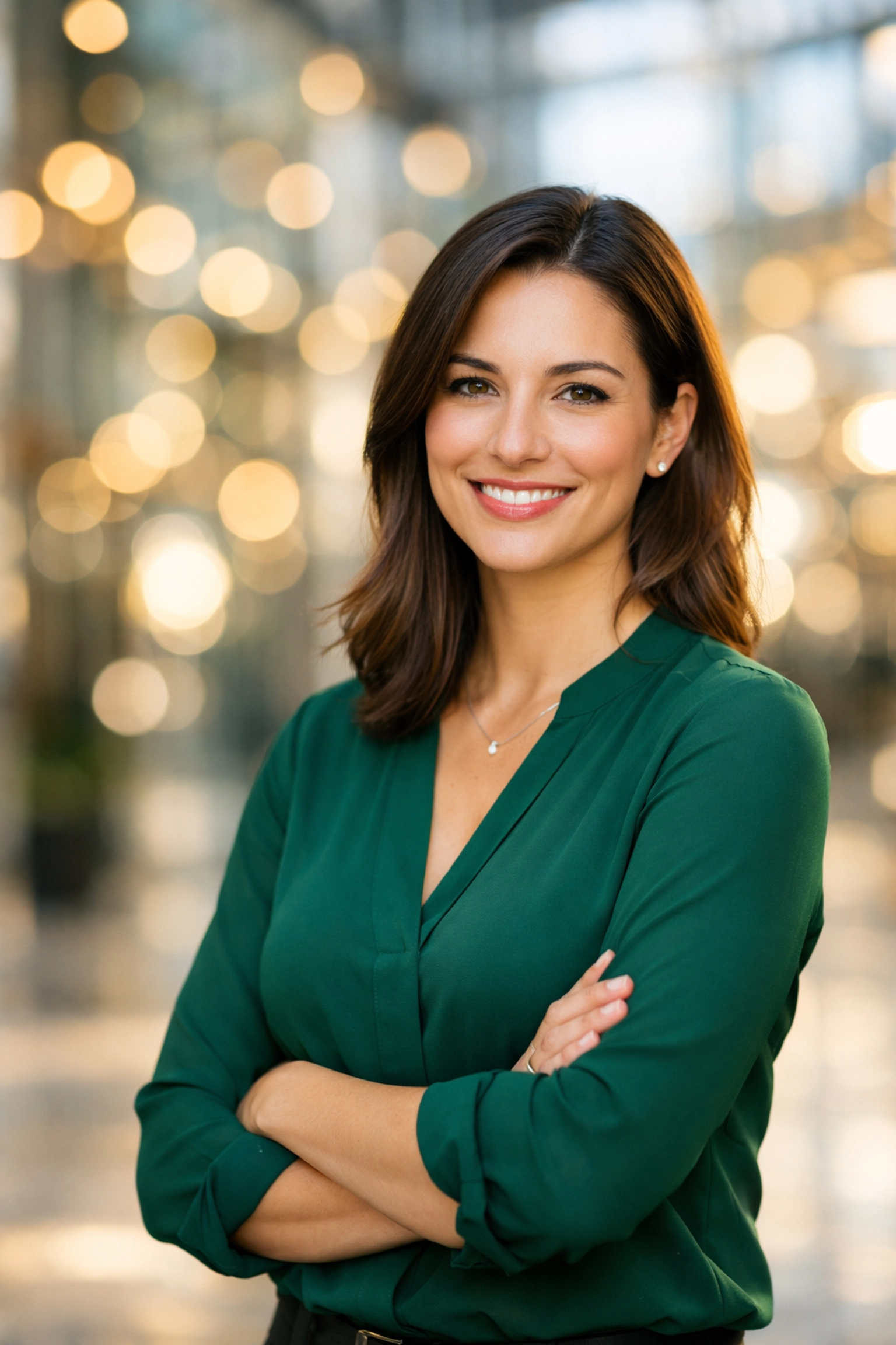 Professional environmental headshot of an executive woman in a modern office with background blur.