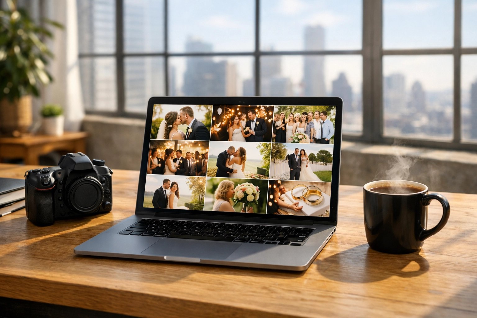 7 Mistakes You’re Making with Image Compression (and How Pixel-Shrink.com Fixes Them) 2 Photographer workspace in a loft showing a fast-loading wedding photography gallery on a high-end laptop.