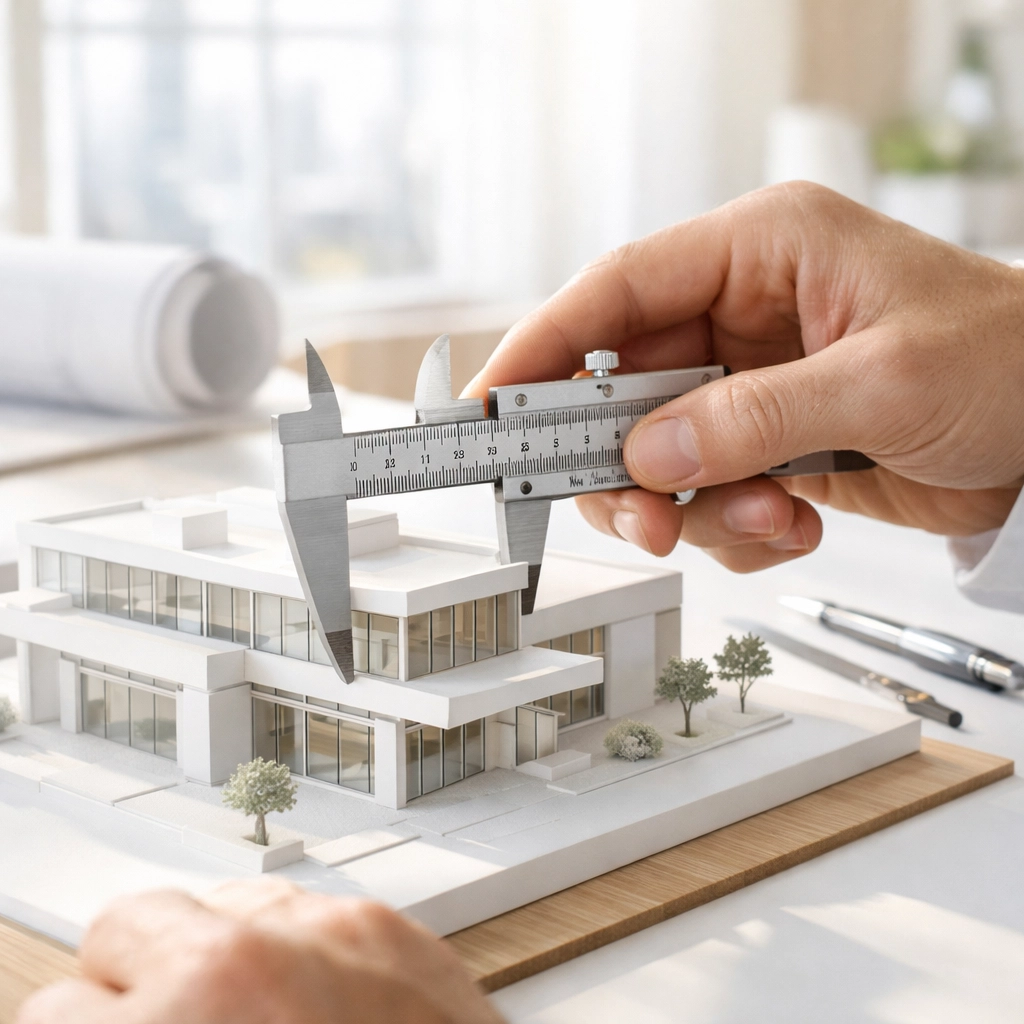 A professional using precision tools to measure a building model, representing accurate Jackson business valuation.