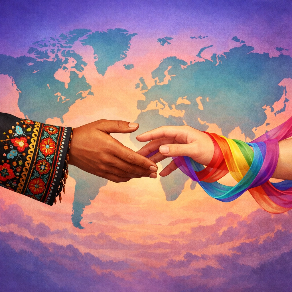 Hands with Afghan embroidery and rainbow colors meeting over a map, symbolizing global LGBTQ+ support and solidarity.
