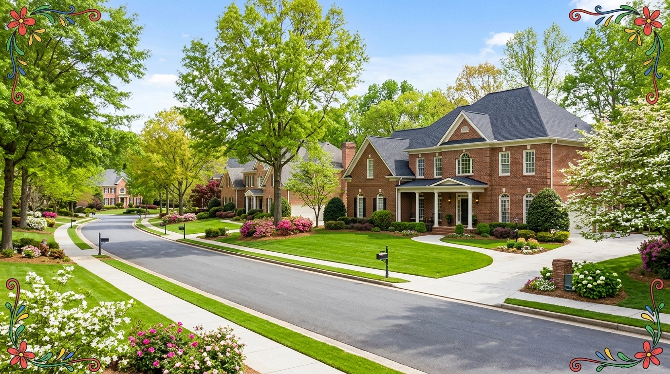 Upscale East Cobb neighborhood with traditional brick homes and manicured lawns Upscale East Cobb neighborhood with traditional brick homes and manicured lawns