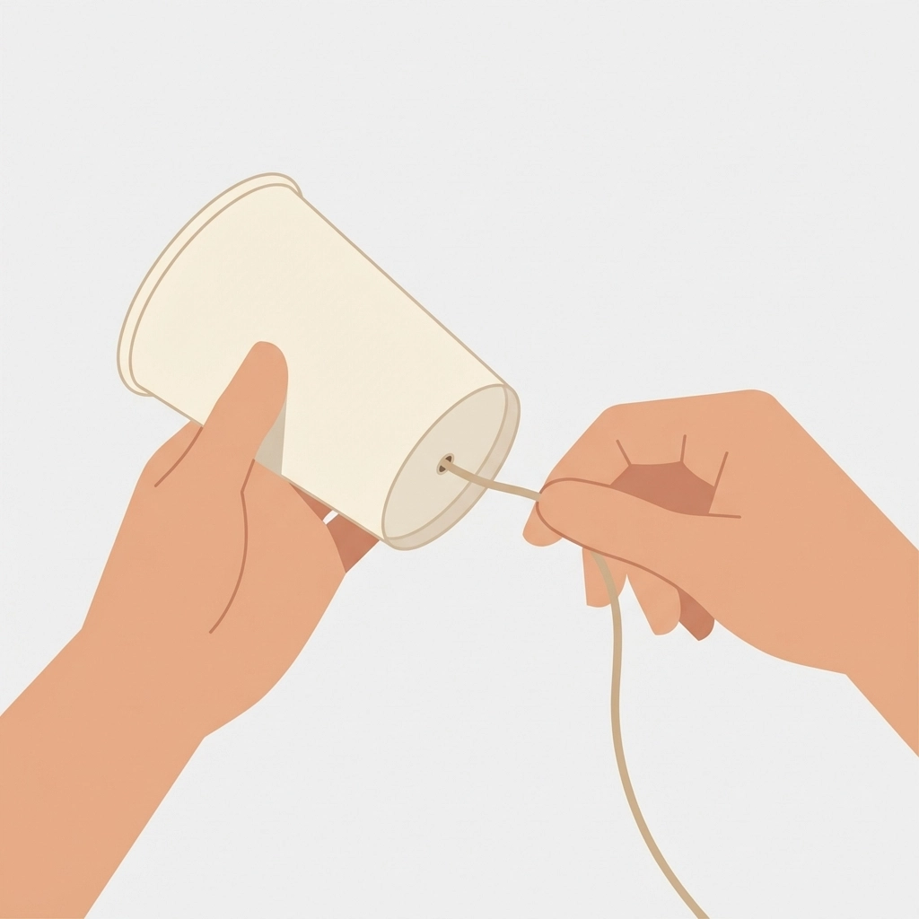 Hands threading string through a paper cup, demonstrating assembly for a simple homemade string phone