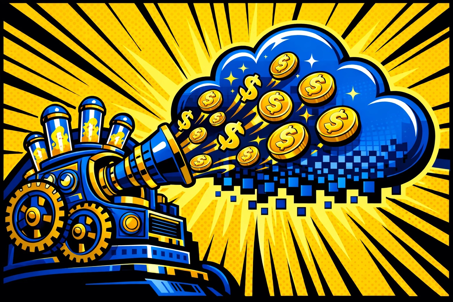Illustration of a money machine representing automated small business invoicing and accounting workflows.