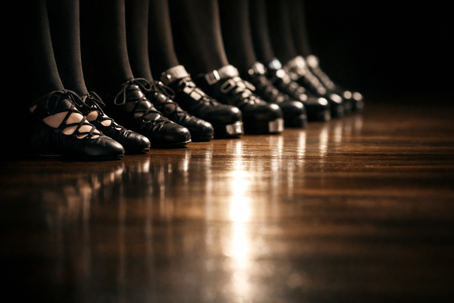 Rows of traditional Irish dance shoes on a polished floor, inviting you to start your first dance lesson.
