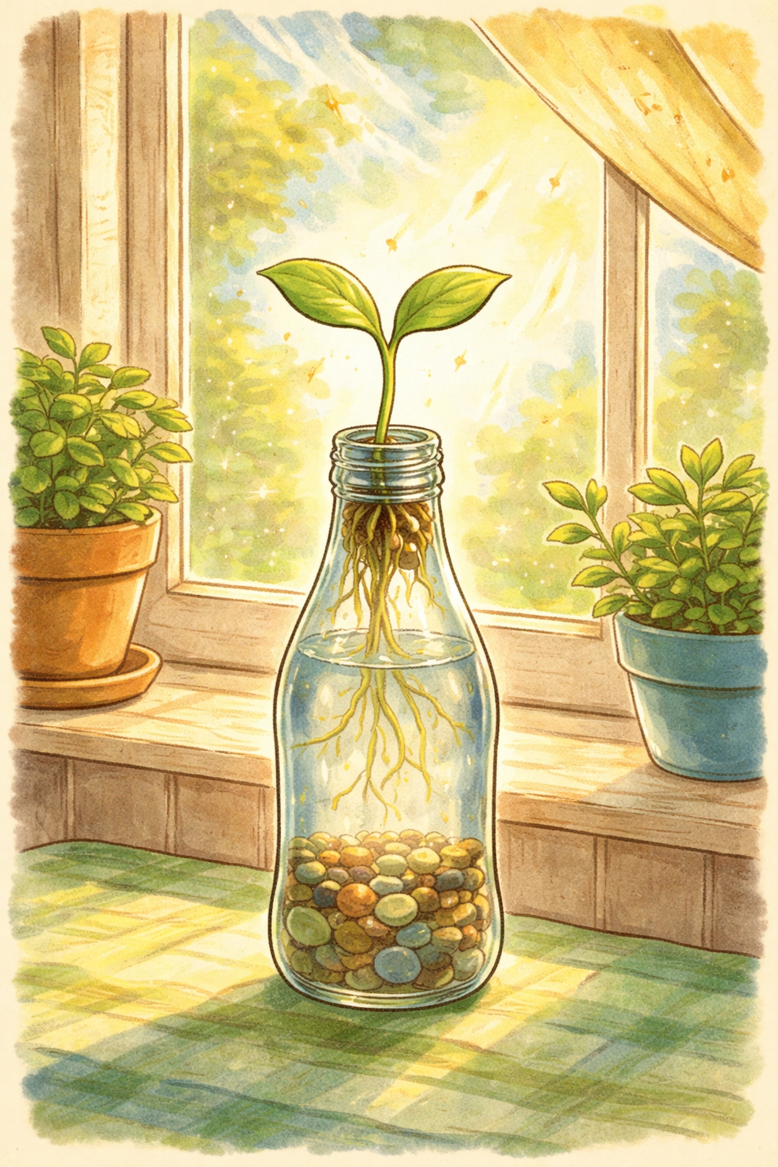 Illustration of a bright green seedling sprouting in a soda bottle hydroponic planter on a windowsill, thriving in sunlight.