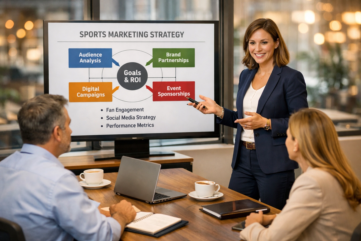 Sports marketing consultant presenting strategic framework to agency clients in meeting