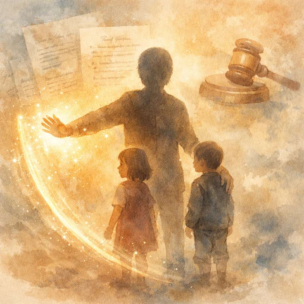 Parent protecting children with estate planning documents in background symbolizing family security