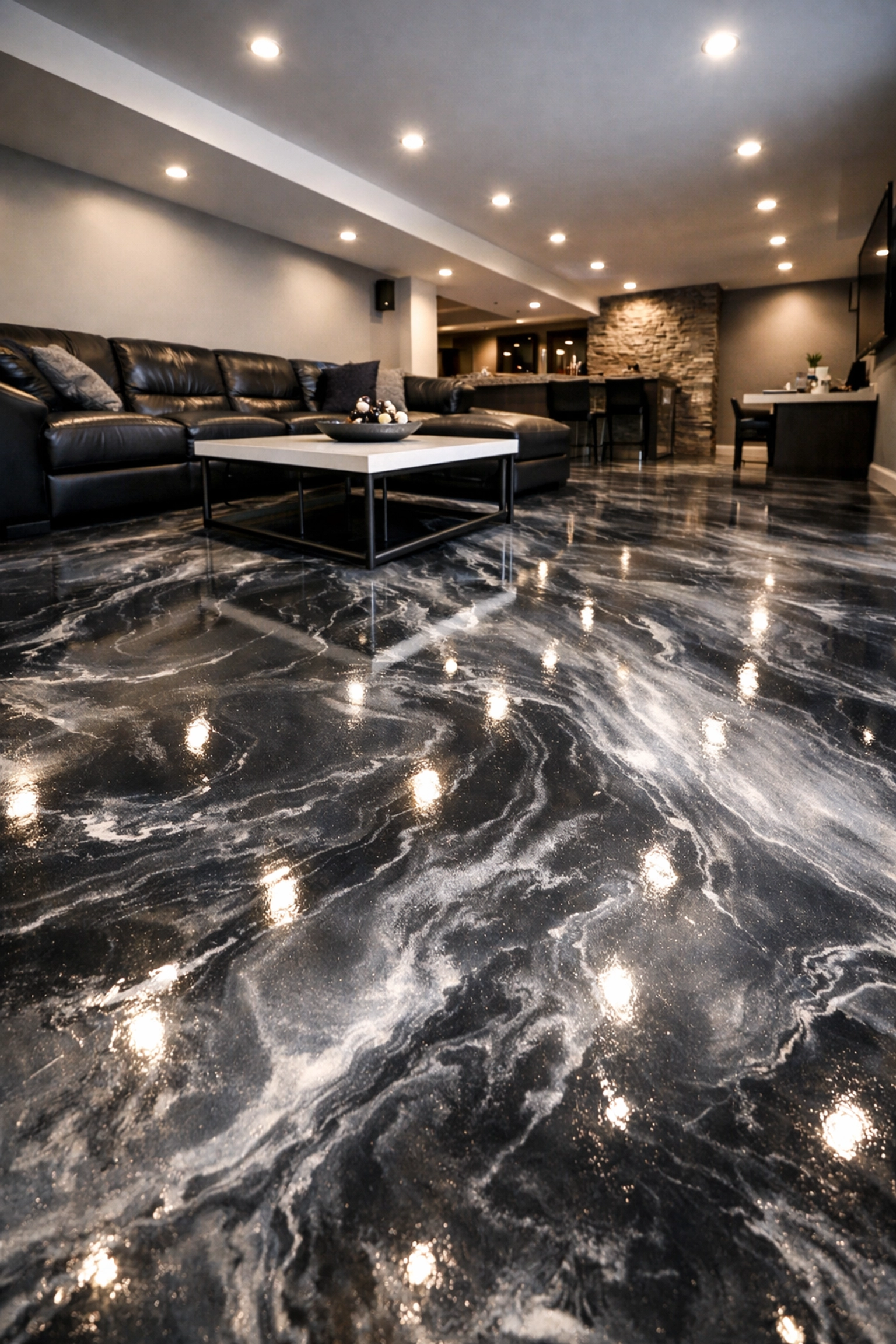 Metallic epoxy flooring in Ridgeland basement with silver marble effect and glossy finish