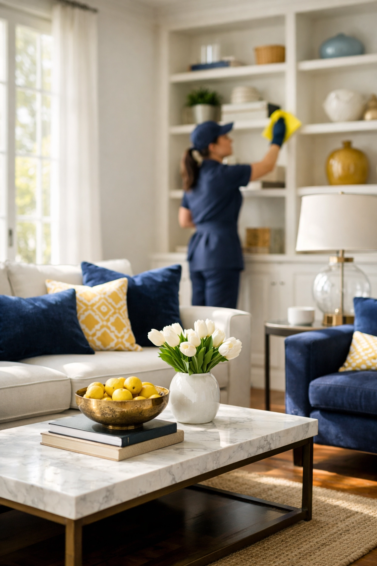 Professional house cleaning Littleton expert dusting a bright modern living room with hardwood floors.