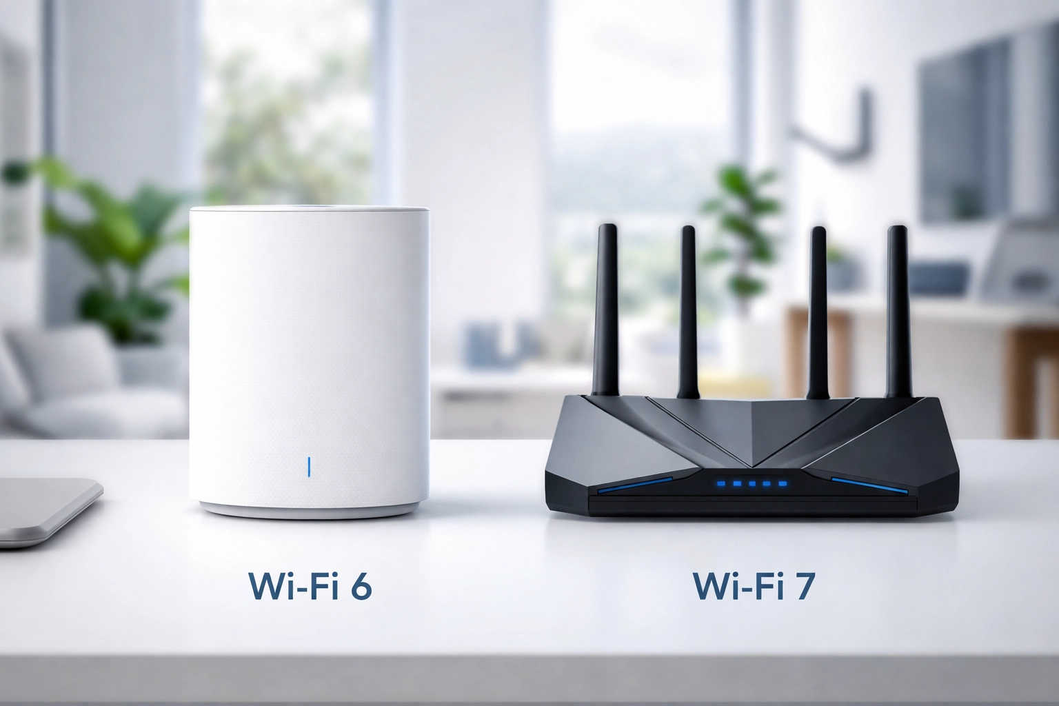 Two modern Wi-Fi routers, Wi-Fi 6 and Wi-Fi 7, compared on a desk in a stylish Cape Town home office.