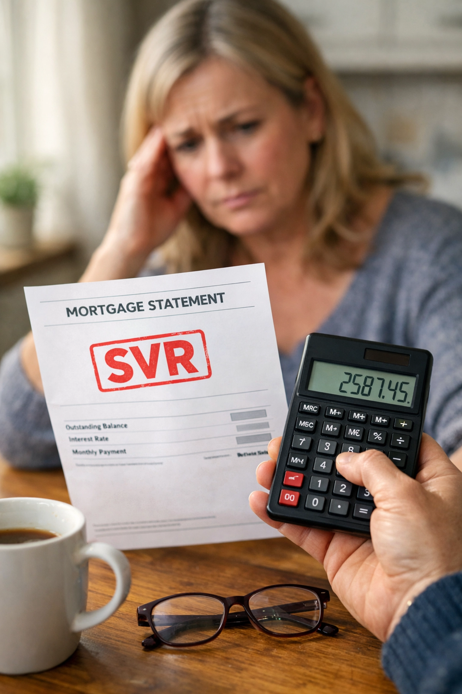 Homeowner reviewing SVR mortgage statement with calculator to check rates
