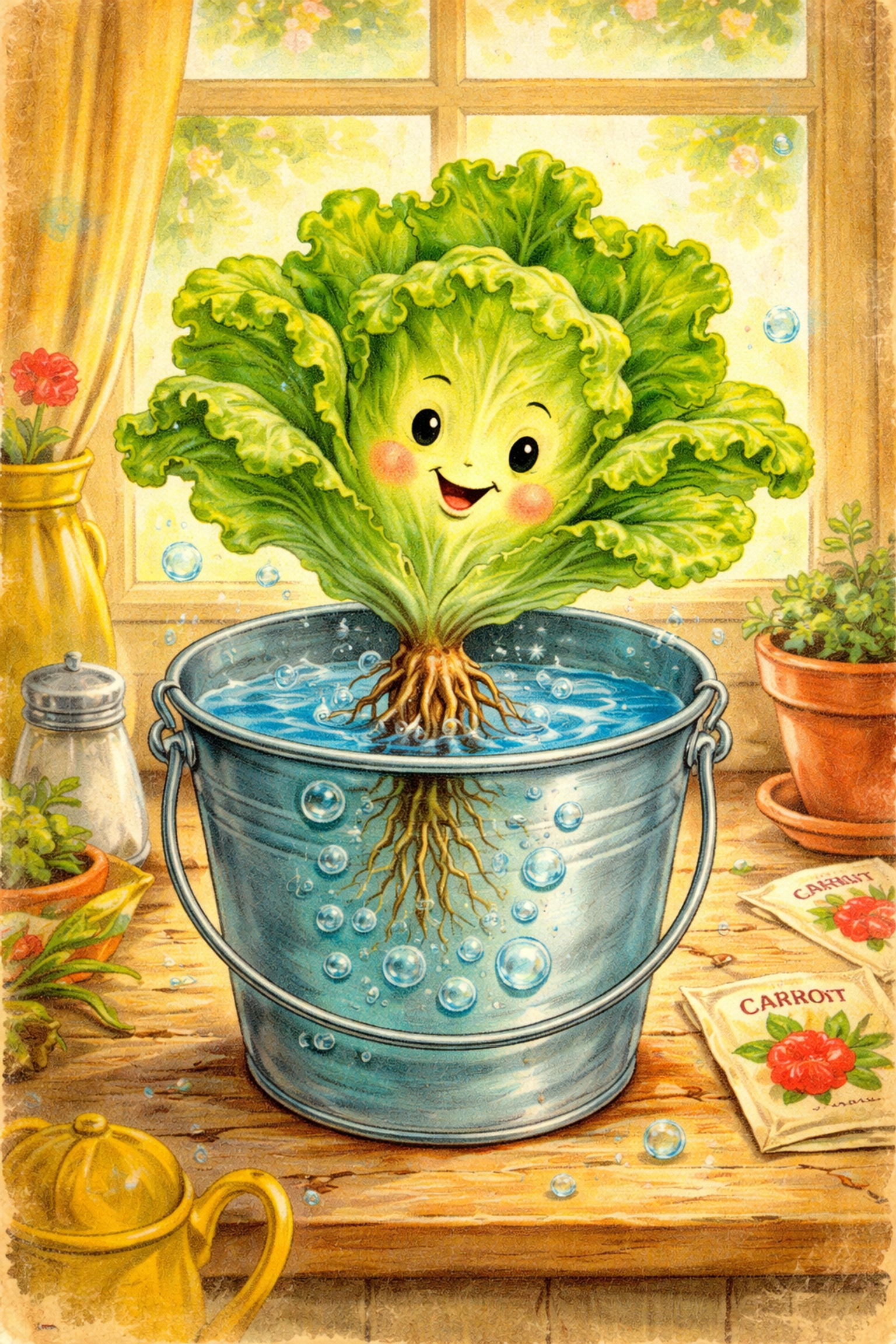 Leafy lettuce plant with roots soaking in bubbly water in a bucket, demonstrating hydroponics and air-stone bubbling for kids at home.