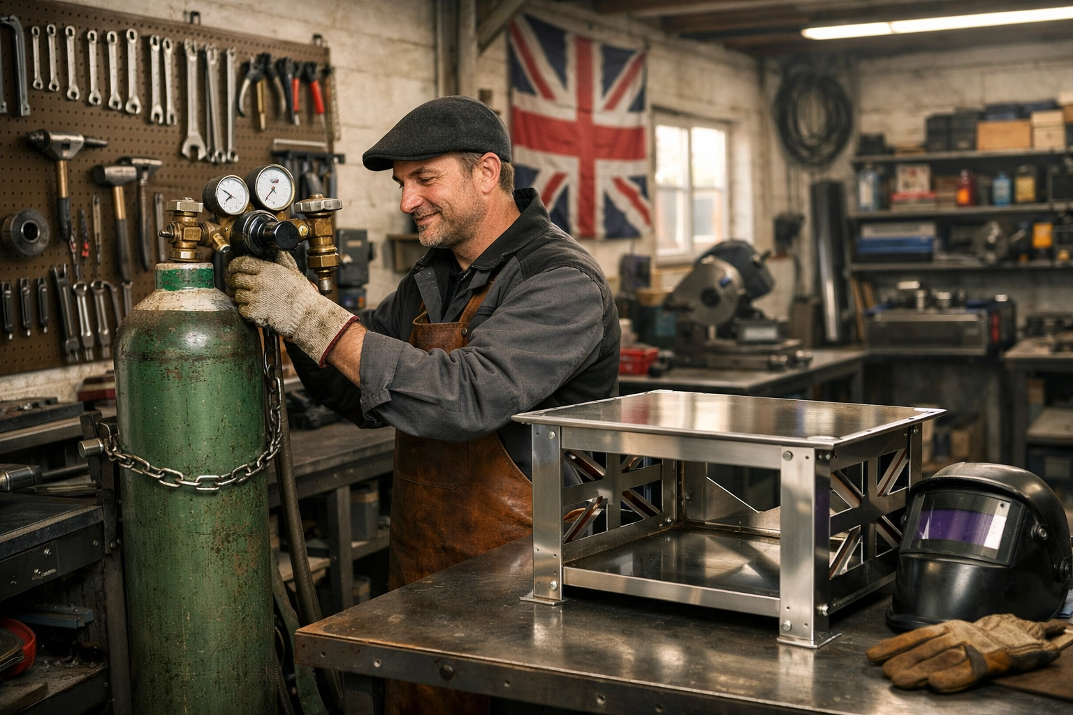 Workshop safety: a welder checks the regulator on a secured gas cylinder in a tidy workshop.