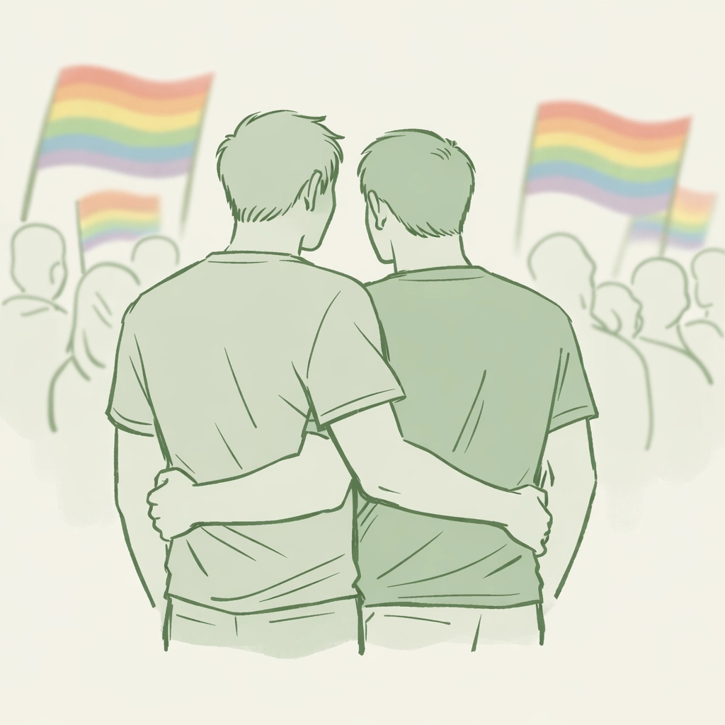 Gay couple embracing at Pride celebration with rainbow flags in background