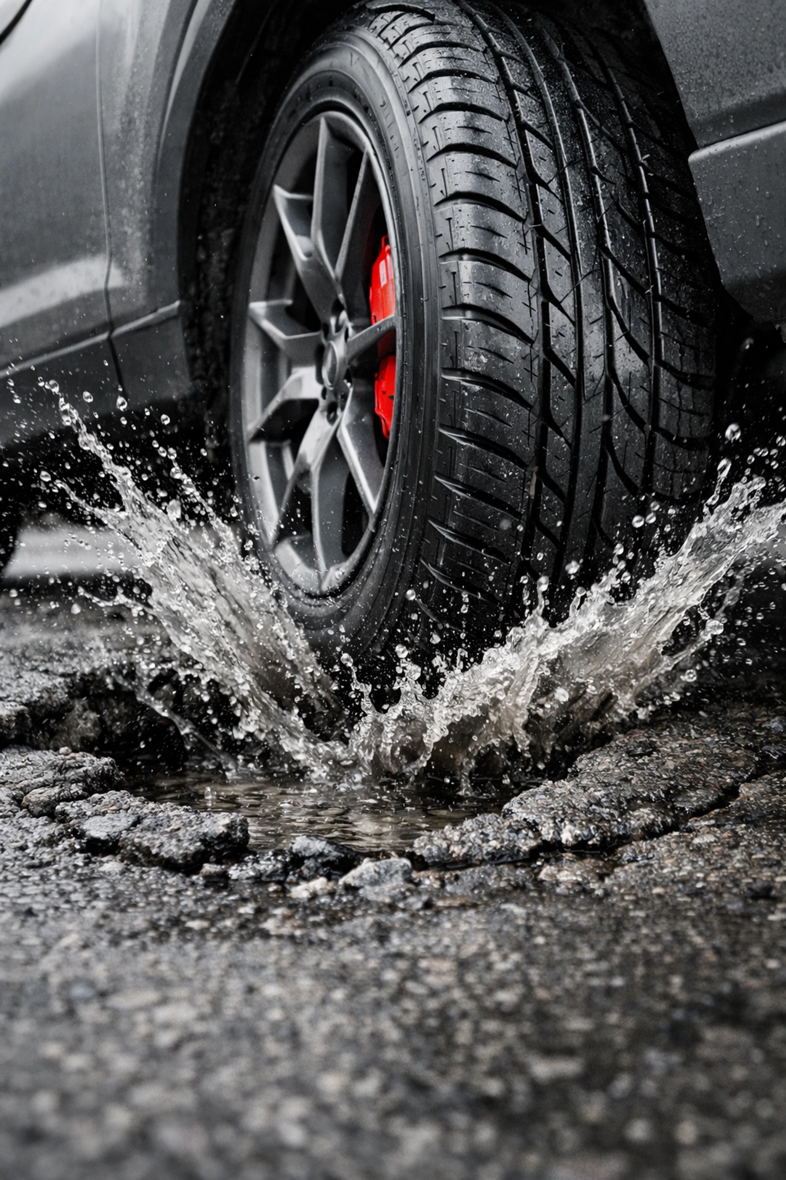 Vehicle tire hitting a deep pothole, causing the need for a professional wheel alignment near me.