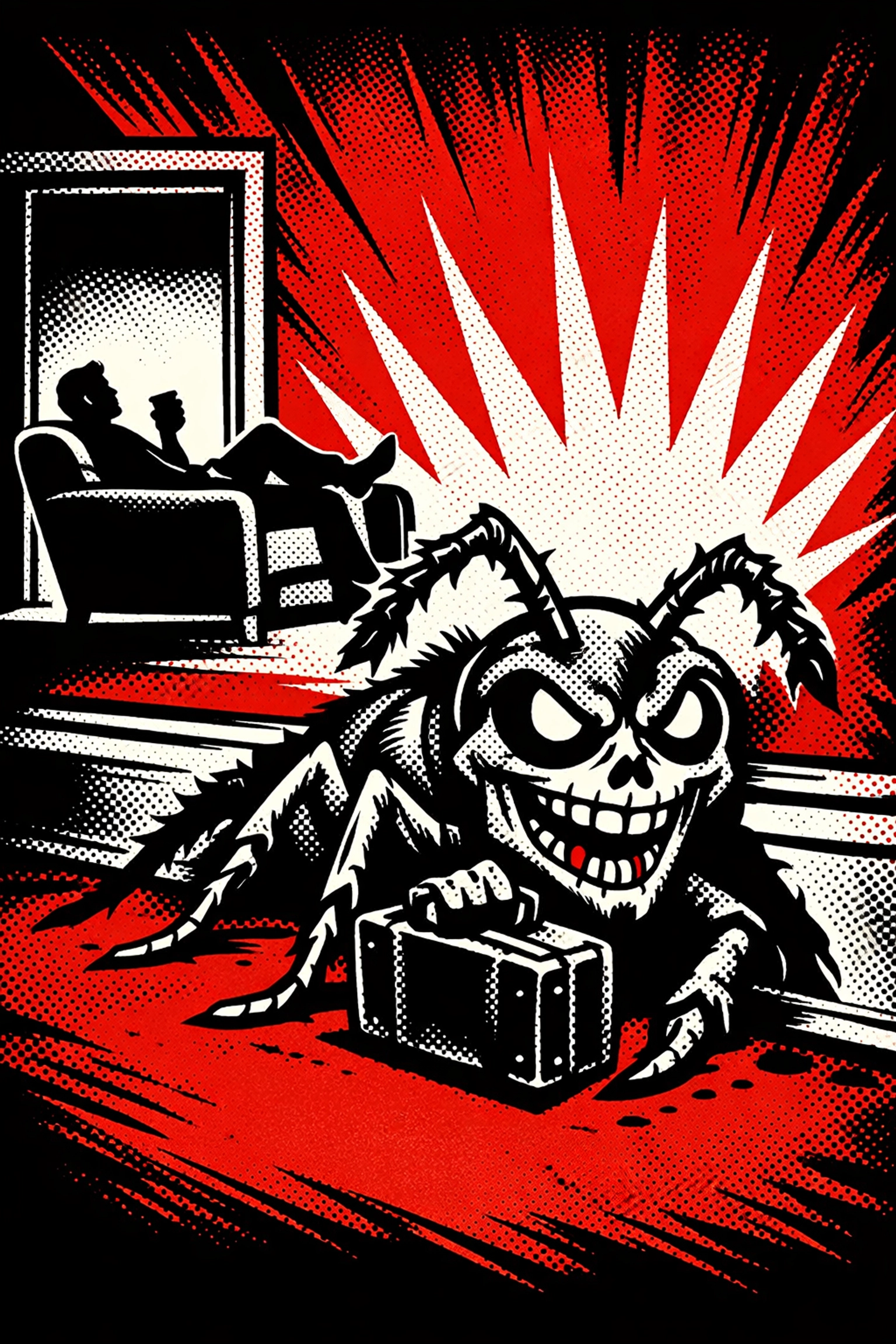 Pop art illustration of an ant moving back into a home, highlighting the need for regular pest control in Birmingham.