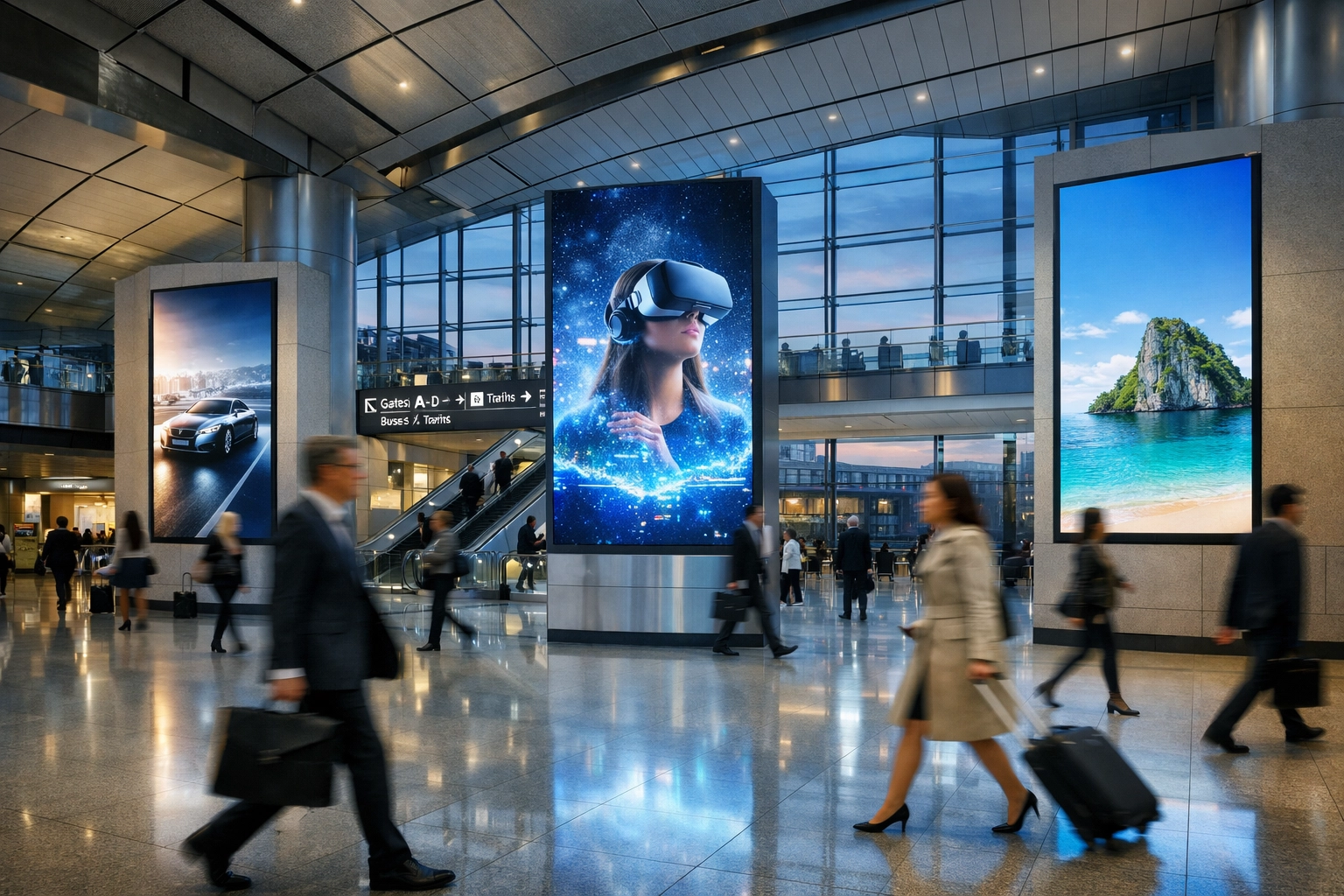 Digital advertising displays in a transit hub illustrating flexible scheduling for global DOOH campaigns.